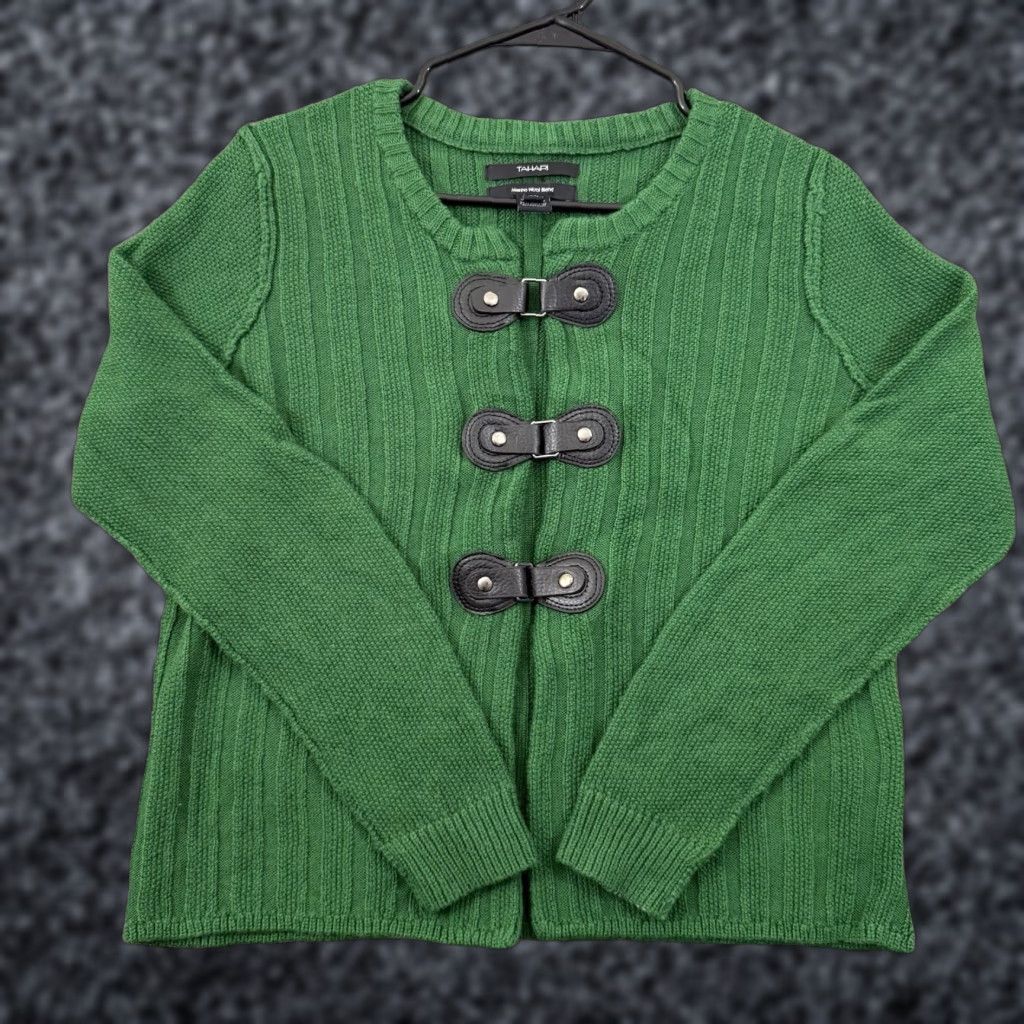 Vintage TAHARI Sweater Women's Large Green Cardigan Ribbed Merino Wool Blend Snap Size L / US 10 / IT 46 - 1 Thumbnail