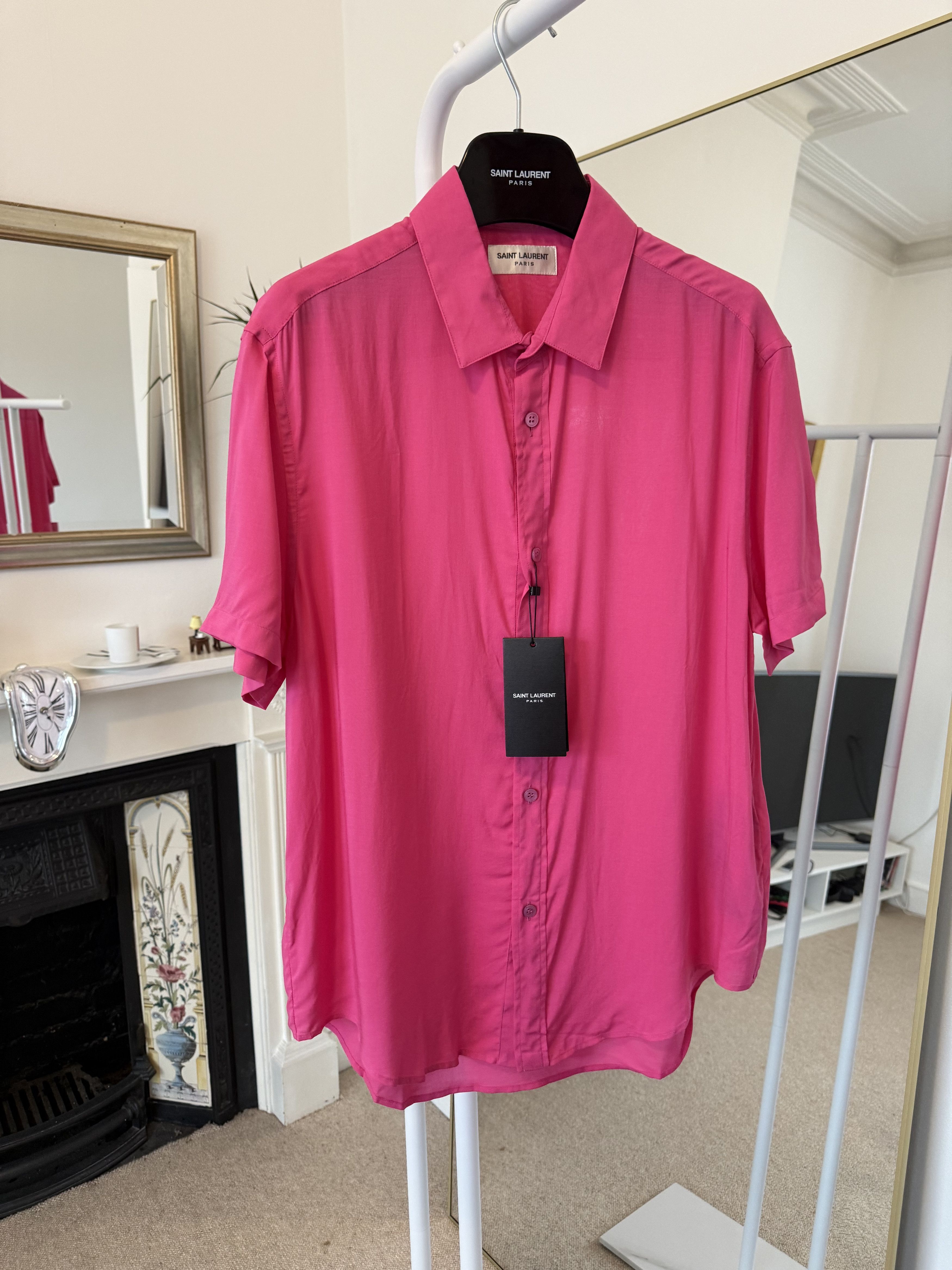 Saint Laurent Paris Saint Laurent Pink Viscose Short Sleeve Shirt Size US M / EU 48-50 / 2 - 6 Thumbnail