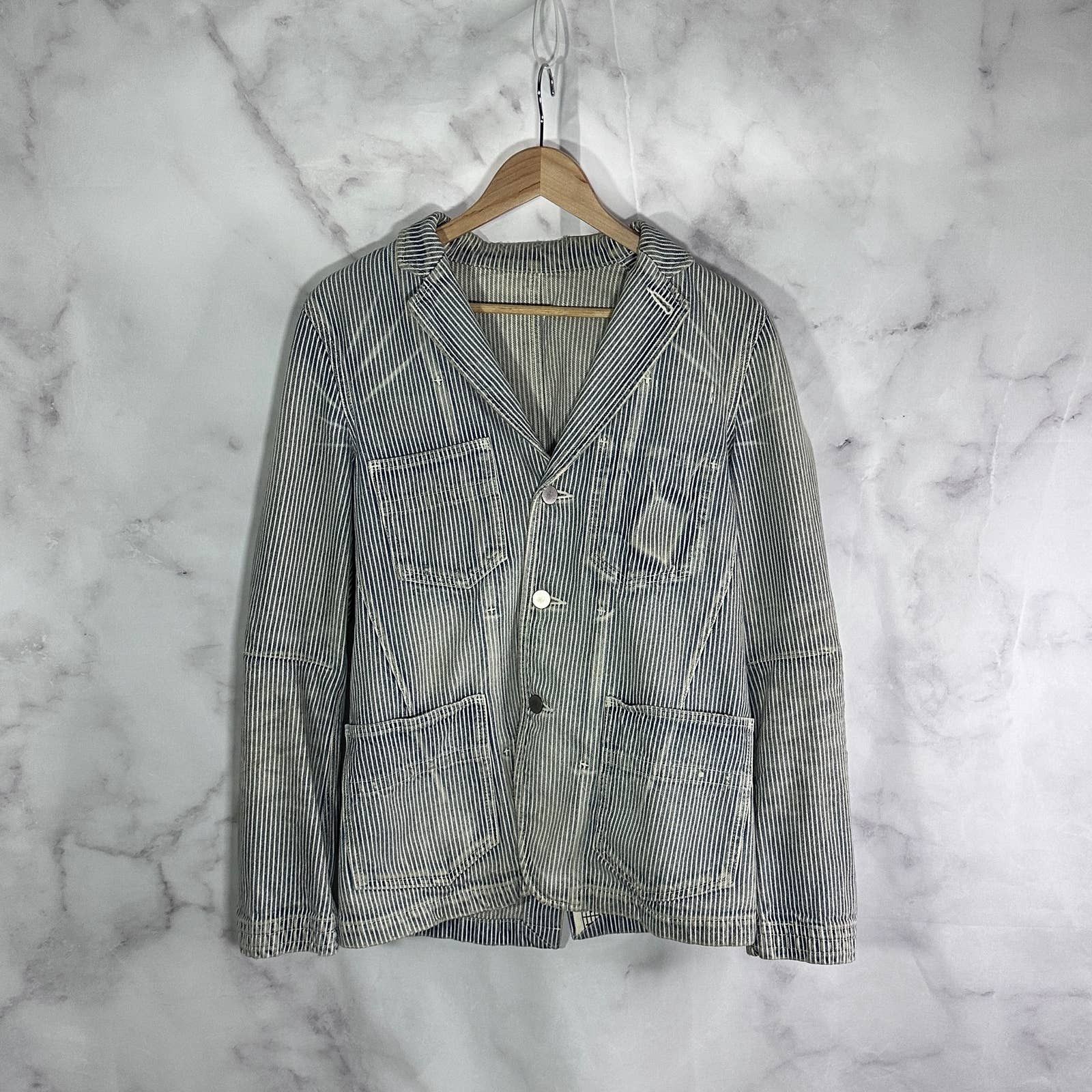 image of Number N Ine x Takahiromiyashita The Soloist S/s08 Hickory Stripe Denim Blazer in Blue (Size Medium