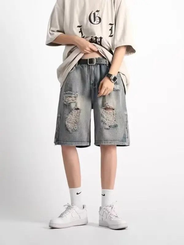 Japanese Brand × Jean Retro loose straight hole ripped denim shorts Size US 32 / EU 48 - 1 Thumbnail