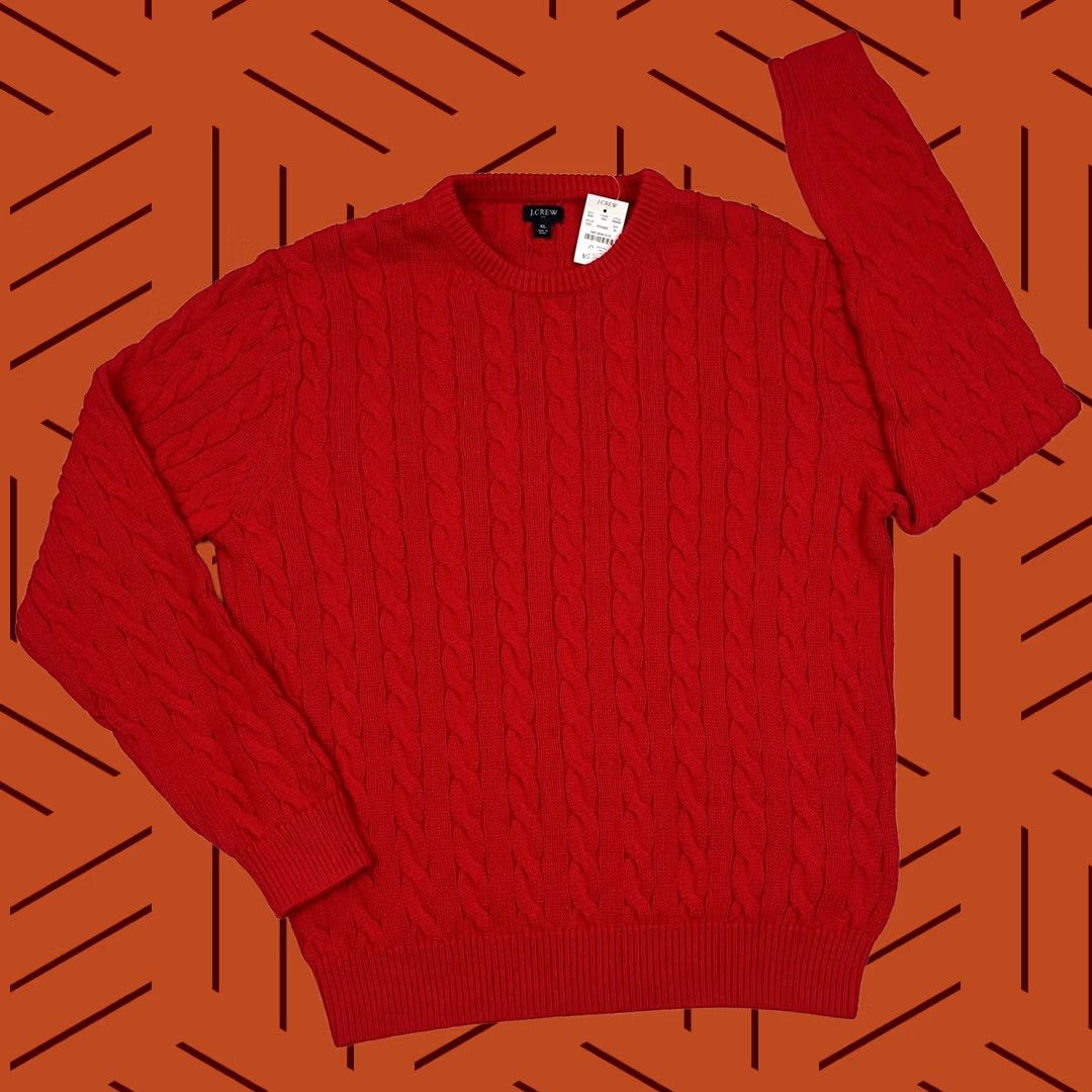 J.Crew J.CREW Sweater Mens XL Red Cable Knit Cotton Crewneck Fisherman Holiday Prep NEW Size US XL / EU 56 / 4 - 1 Thumbnail