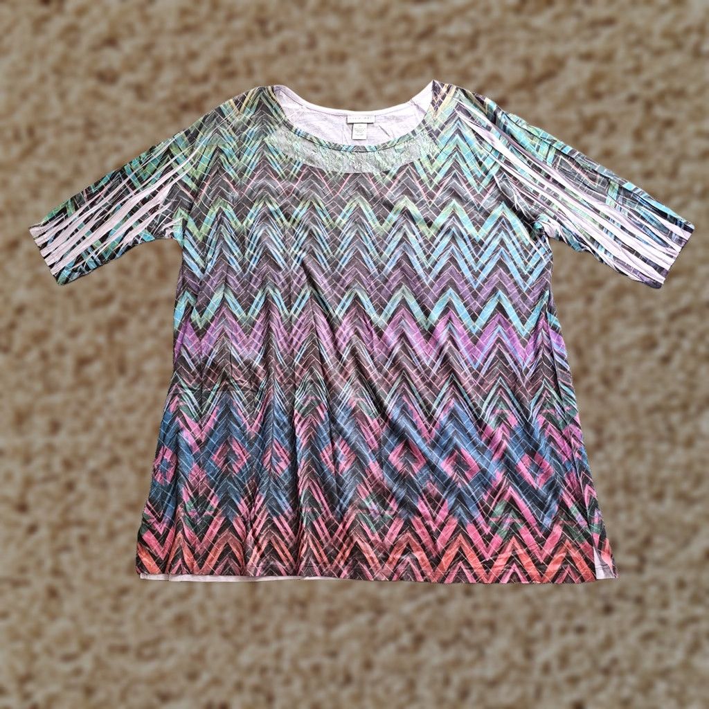 Vintage Catherines Shirt Womens 2X Purple Zig Zag Round Neck Short Sleeve Casual Blouse Plus Size US Size XXL / US 16-18 / IT 52-54 - 1 Thumbnail