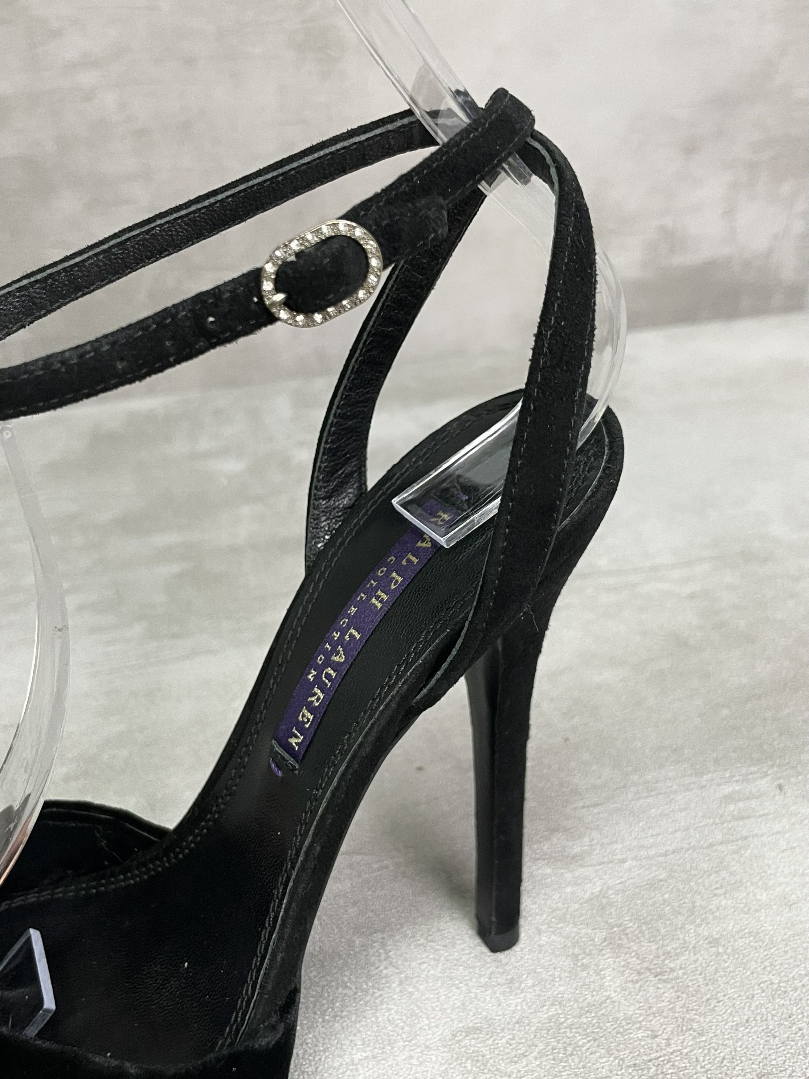 Ralph Lauren Black Platform Heels With Velvet Front And Diamante Buckle Size US 5 / IT 35 - 5 Thumbnail