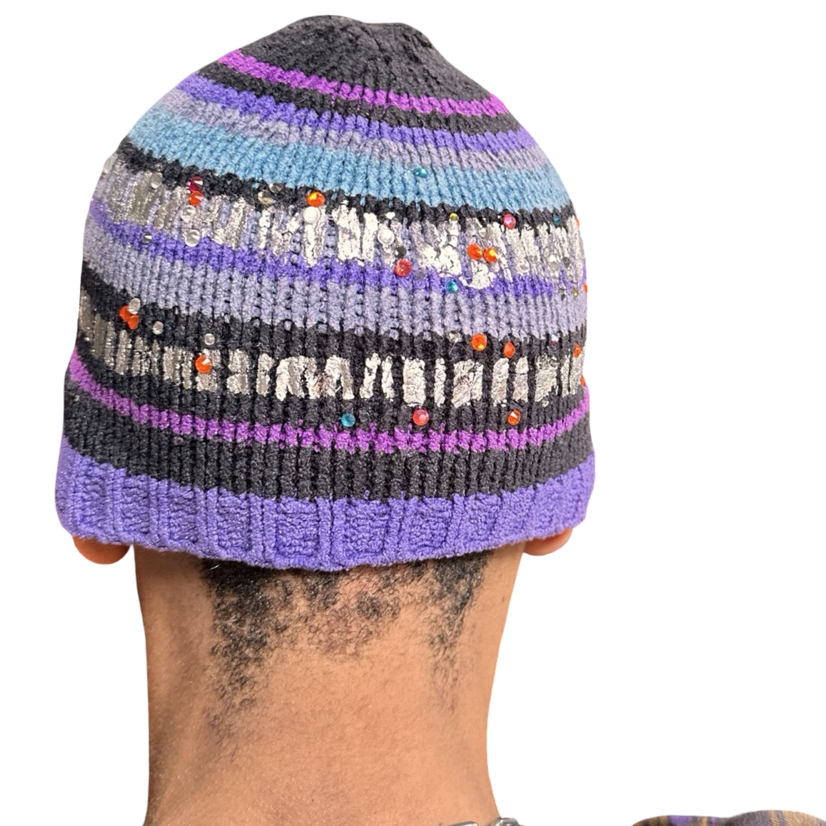Vintage ASTROBOI* Black/Purple Striped Rhinestone Winter Beanie Size ONE SIZE - 6 Thumbnail