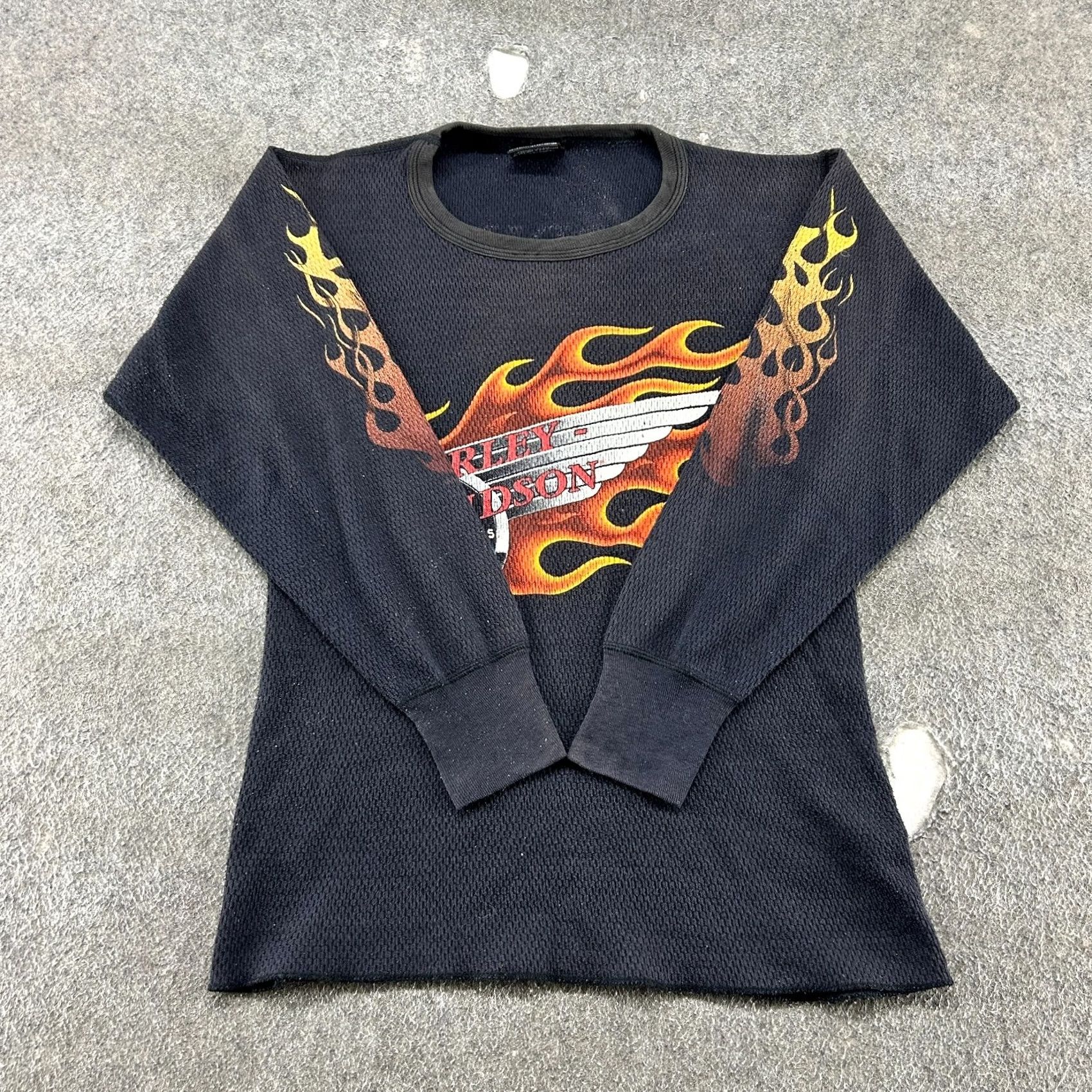 Harley Davidson VINTAGE Harley-Davidson Shirt Mens M Black Long Sleeve Thermal Flame 80s 90s USA Carhartt Logo Pockets Size US M / EU 48-50 / 2 - 2 Thumbnail