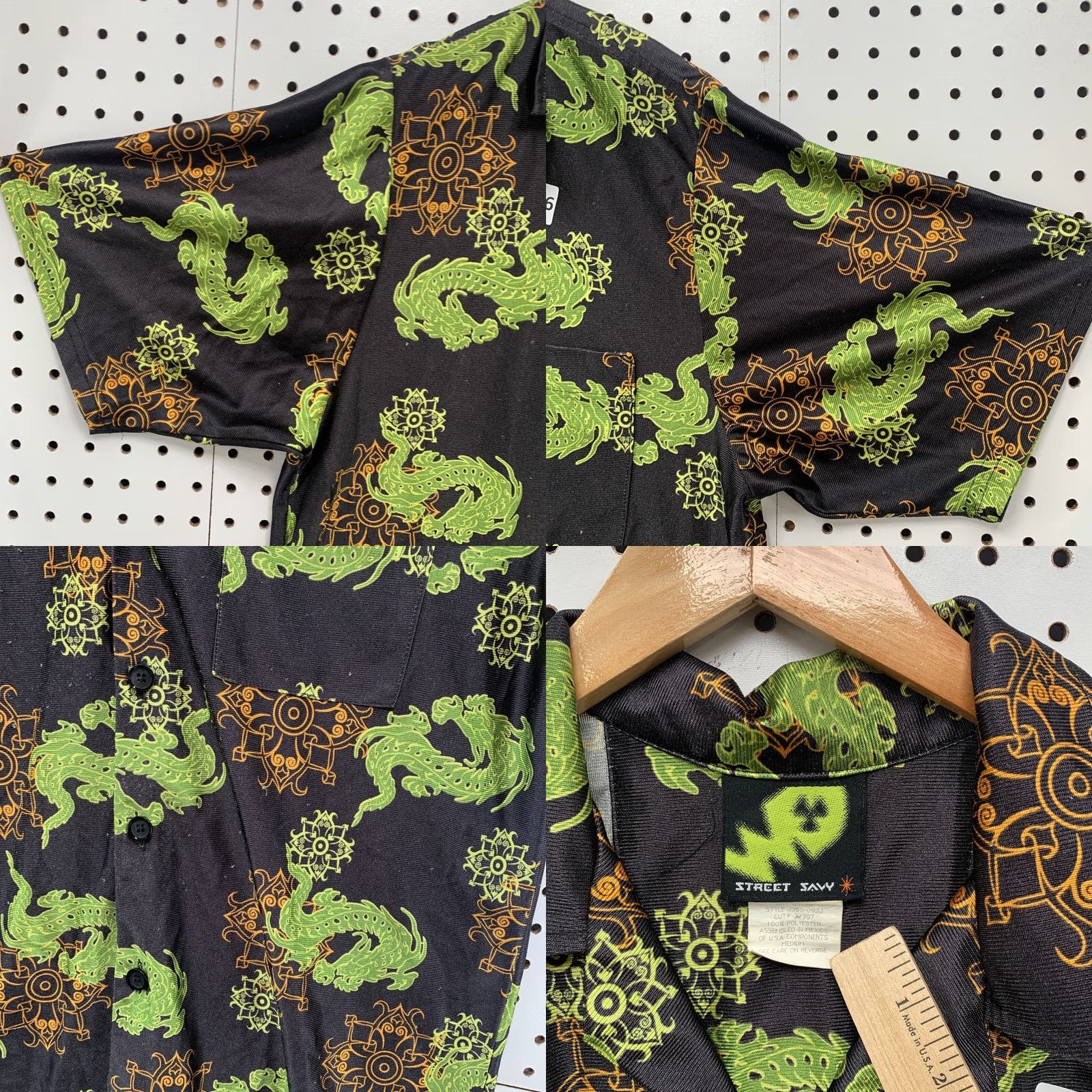 Vintage VINTAGE Street Savy Button Shirt Black Green AOP Dragon Mens Medium 22.5x28 Size US M / EU 48-50 / 2 - 8 Thumbnail