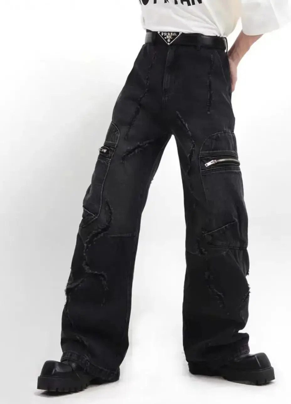 Japanese Brand Retro raw edge washed distressed wide leg jeans Size US 32 / EU 48 - 3 Thumbnail