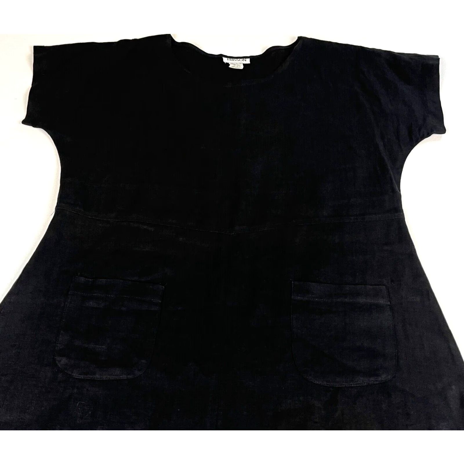 Vintage VINTAGE Frisson Women's Linen Midi Dress Short Sleeve Made in USA Sz L Black Pockets 90s Bohemian A-Line Casual Modern Classics Size 36" / US 14 / IT 50 - 7 Thumbnail