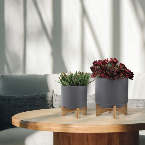 Designer × Homemade S/2 8/10" PLANTER W/ WOOD STAND, MATTE GRAY Size US L / EU 52-54 / 3 - 1 Thumbnail