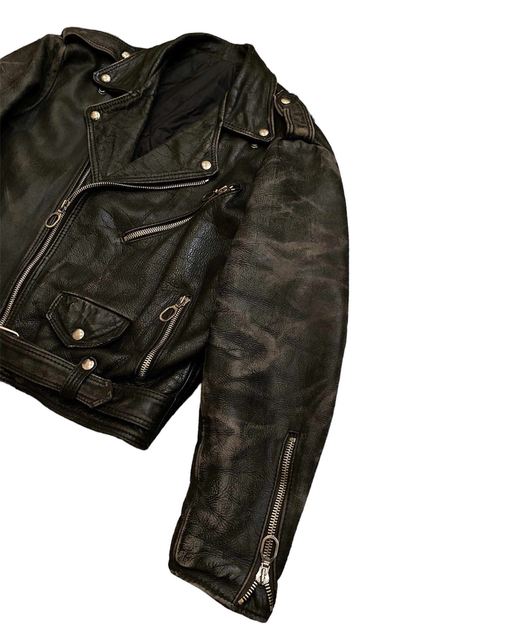 image of Genuine Leather x Leather Jacket Vintage 80's Distressed Motorcycle Leather Biker Jacket in Black D