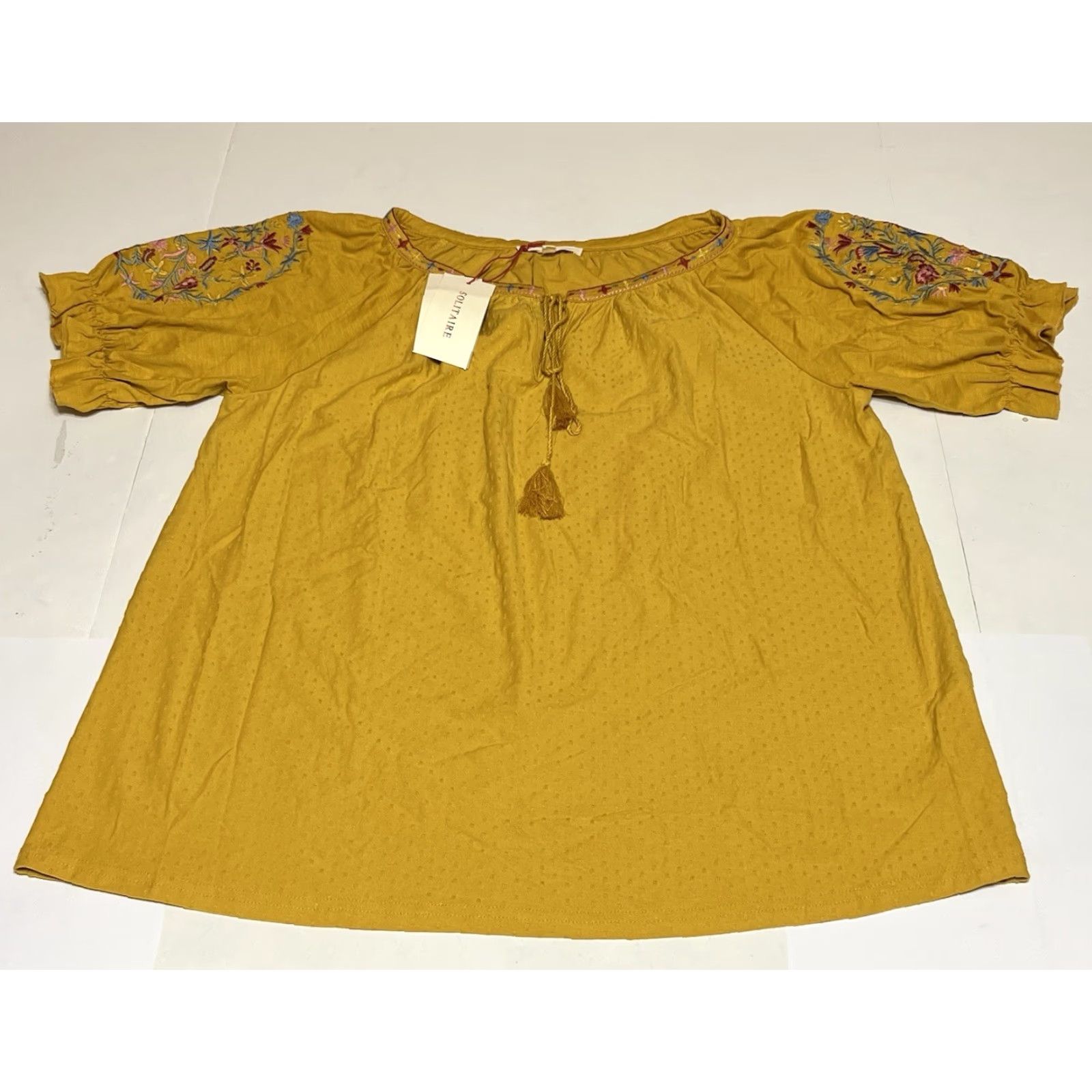 Vintage Solitaire Blouse Short Sleeve Women's XL Yellow Floral Embroidered NWT Boho Top (Cotton Blend) Size XL / US 12-14 / IT 48-50 - 2 Thumbnail
