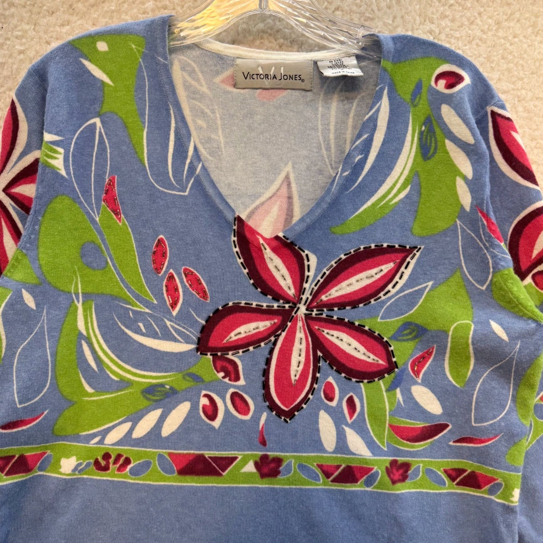 Vintage VINTAGE Top Shirt Beaded Blue Floral V-Neck 3/4 Sleeve Boho Grunge Women's M Size M / US 6-8 / IT 42-44 - 3 Thumbnail