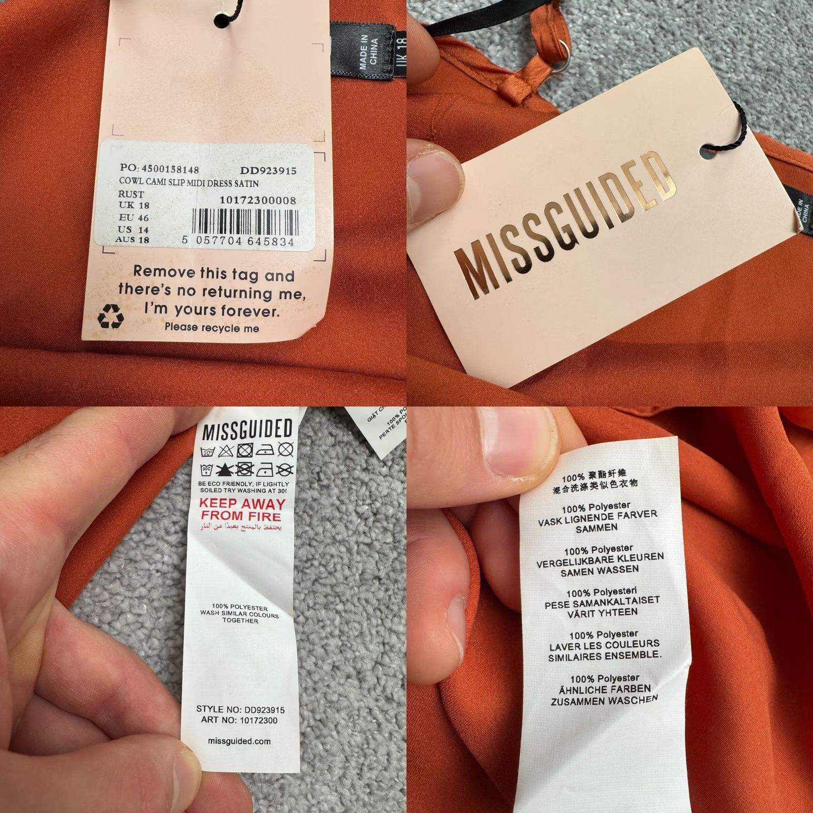 Missguided Missguided Satin Cowl Cami Midi Slip Dress Womens 14 Rust Orange Spaghetti NWT Size XL / US 12-14 / IT 48-50 - 8 Thumbnail