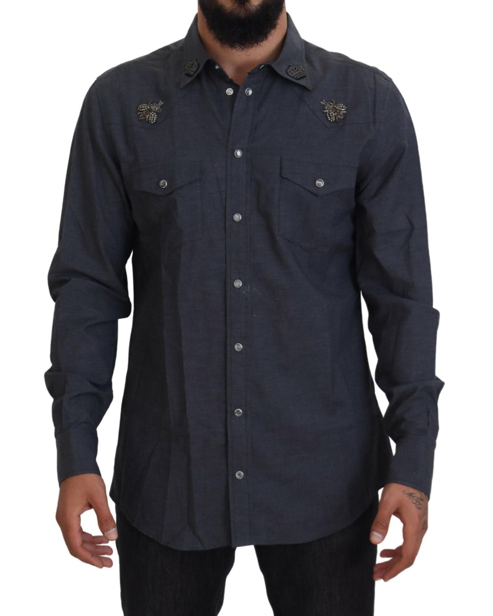 Image of Dolce Gabbana Denim Crystal Bee Shirt in Blue, Men's (Size XS)