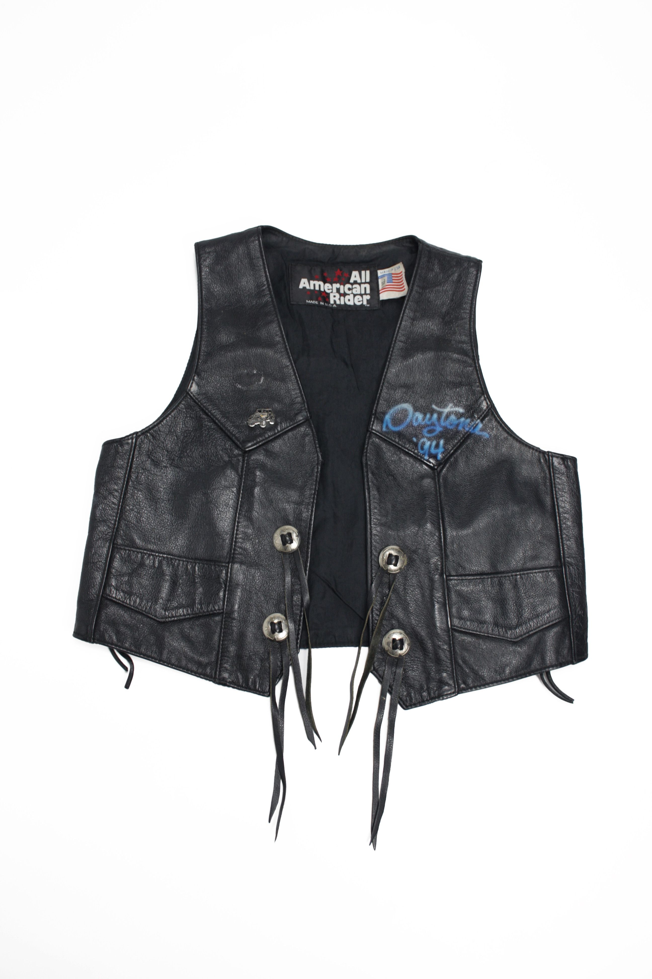 Genuine Leather × Vintage Daytona 1994 Vintage Hand Painted Leather Cropped Vest Size XL / US 12-14 / IT 48-50 - 1 Thumbnail