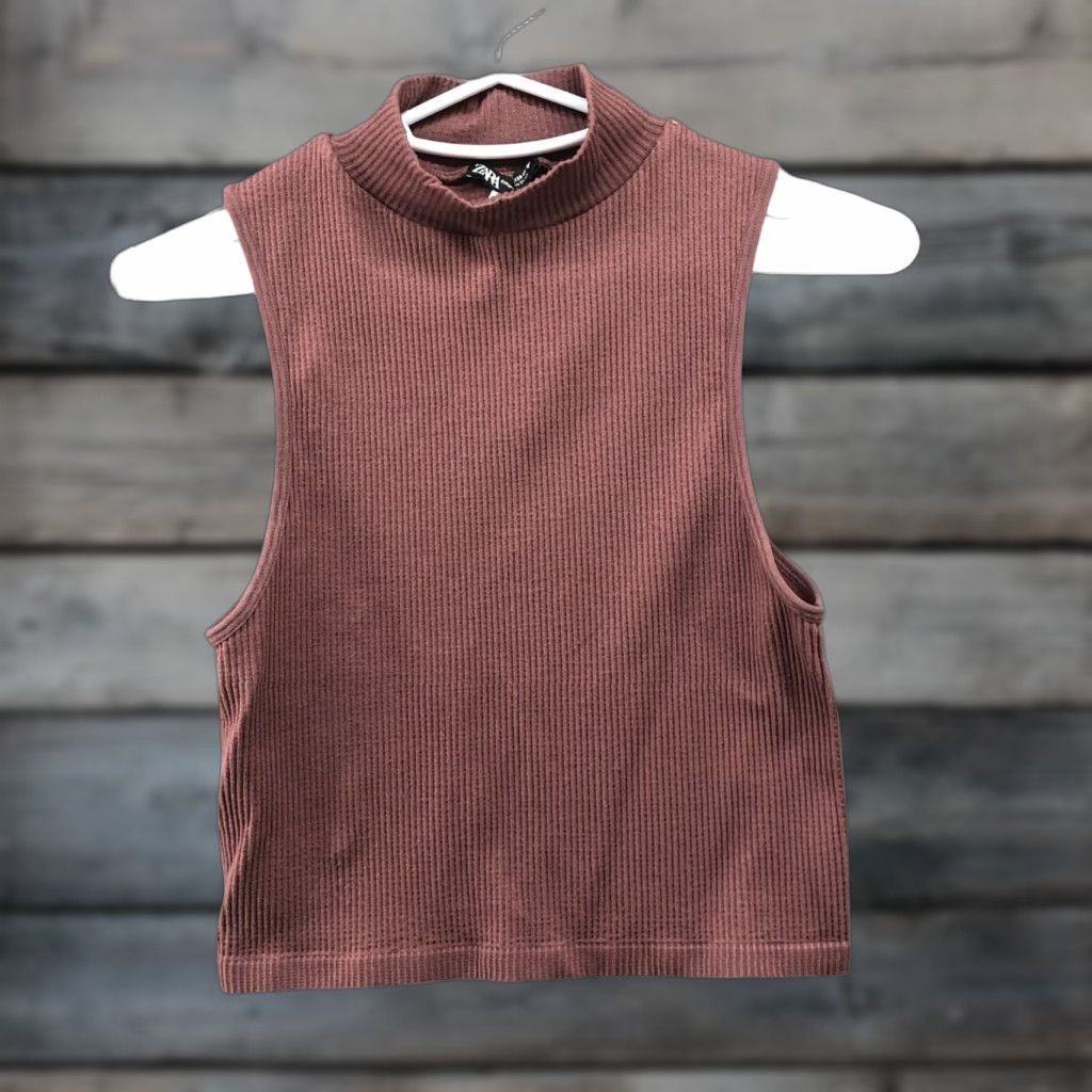 Zara ZARA Ribbed Crop Top Womens M Brown Solid Sleeveless Mock Neck Fitted Tank Casual Size M / US 6-8 / IT 42-44 - 1 Thumbnail