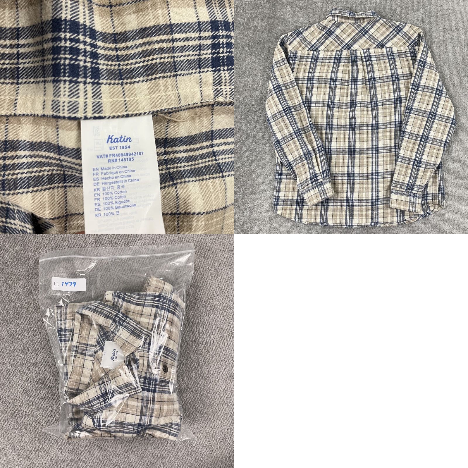Katin Katin Flannel Shirt Mens Large Brown Blue Plaid Button-Up Long Sleeve Regular Fit Size US L / EU 52-54 / 3 - 8 Thumbnail