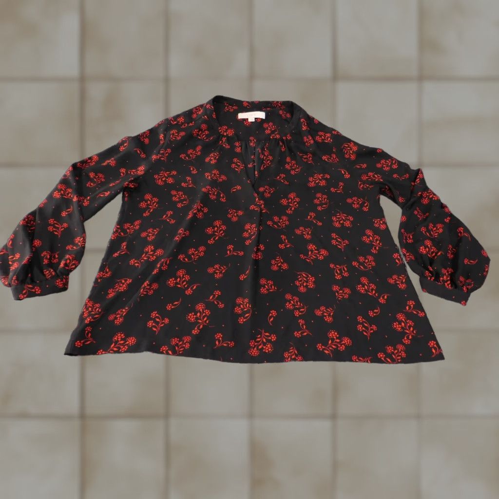 Loft LOFT Blouse Black Red Floral Long Sleeve Relaxed Fit Top Pullover Womens Large Size L Knit? (No Knit) Size L / US 10 / IT 46 - 1 Thumbnail