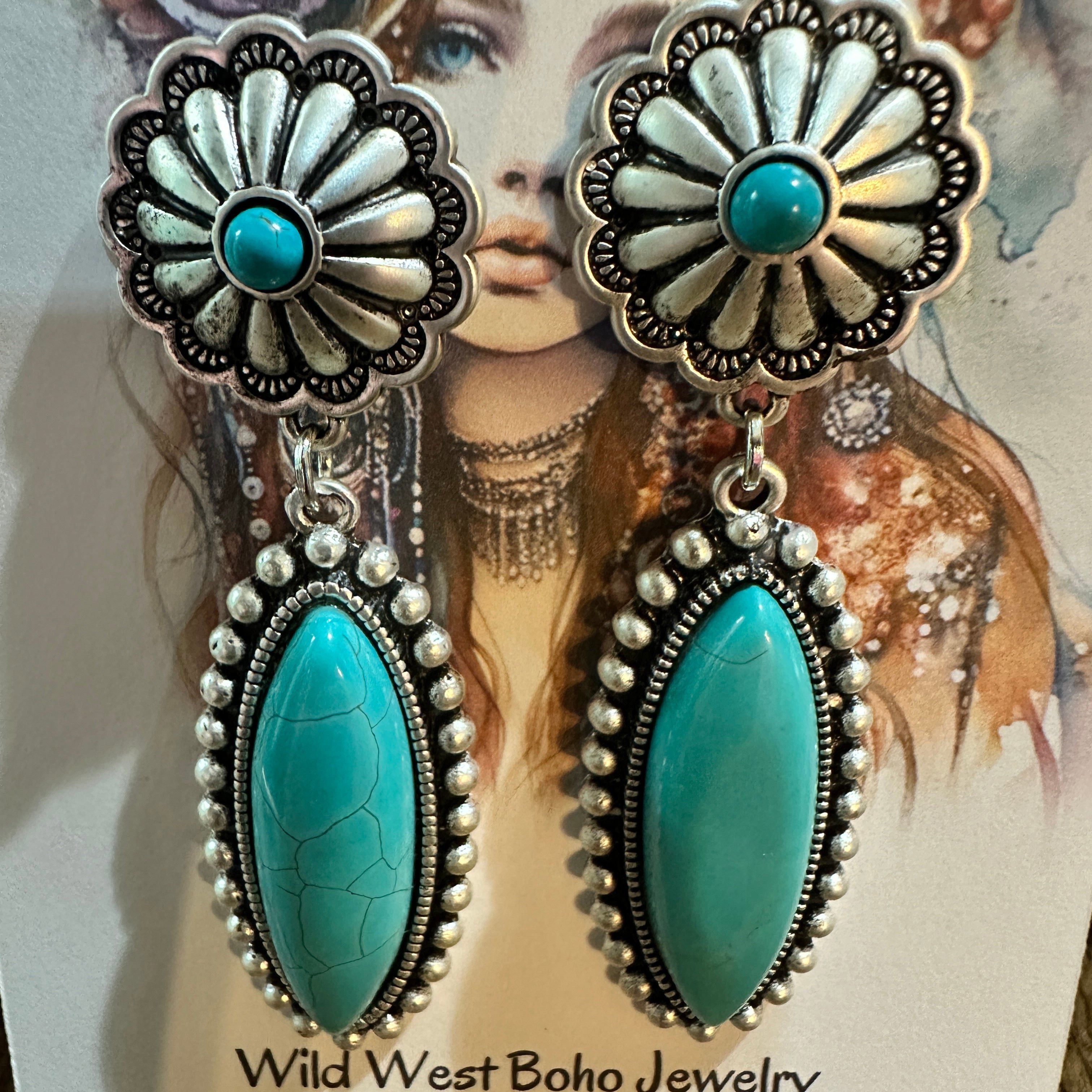 Other Turquoise Concho Stud Drop Earrings, Native American Design, Size ONE SIZE - 5 Thumbnail