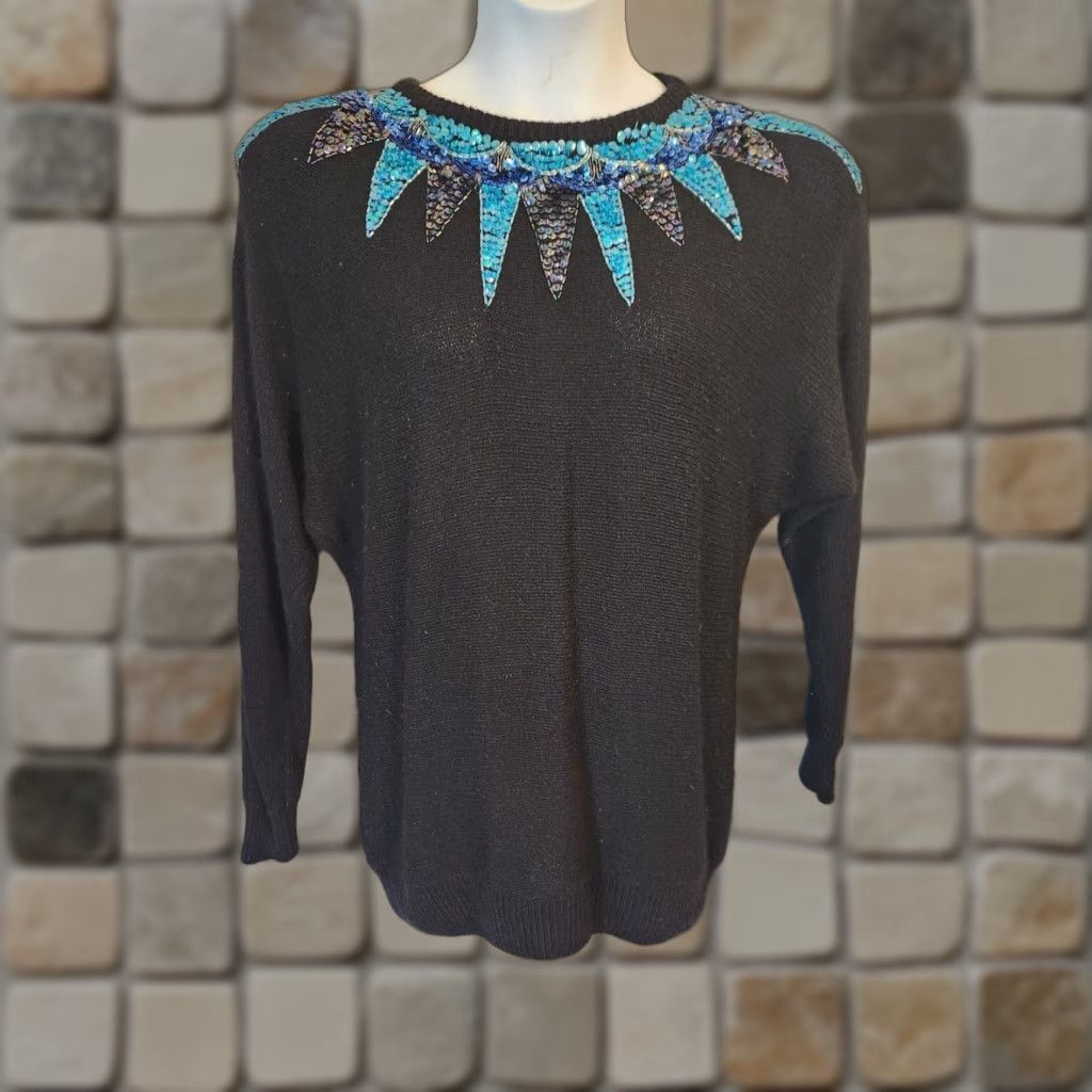 Vintage VINTAGE Diana Marco Sequin Collar Black Sweater XL Size XL / US 12-14 / IT 48-50 - 1 Thumbnail
