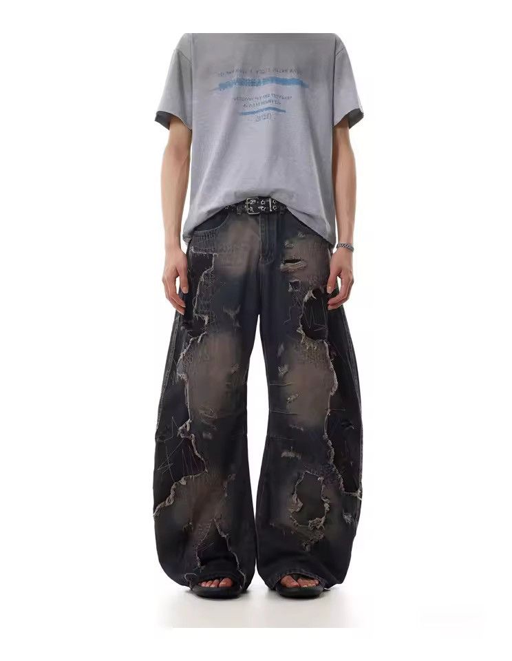 Jean Distressed Retro Streetwear Straight Baggy Jeans Pants Size US 29 - 1 Thumbnail