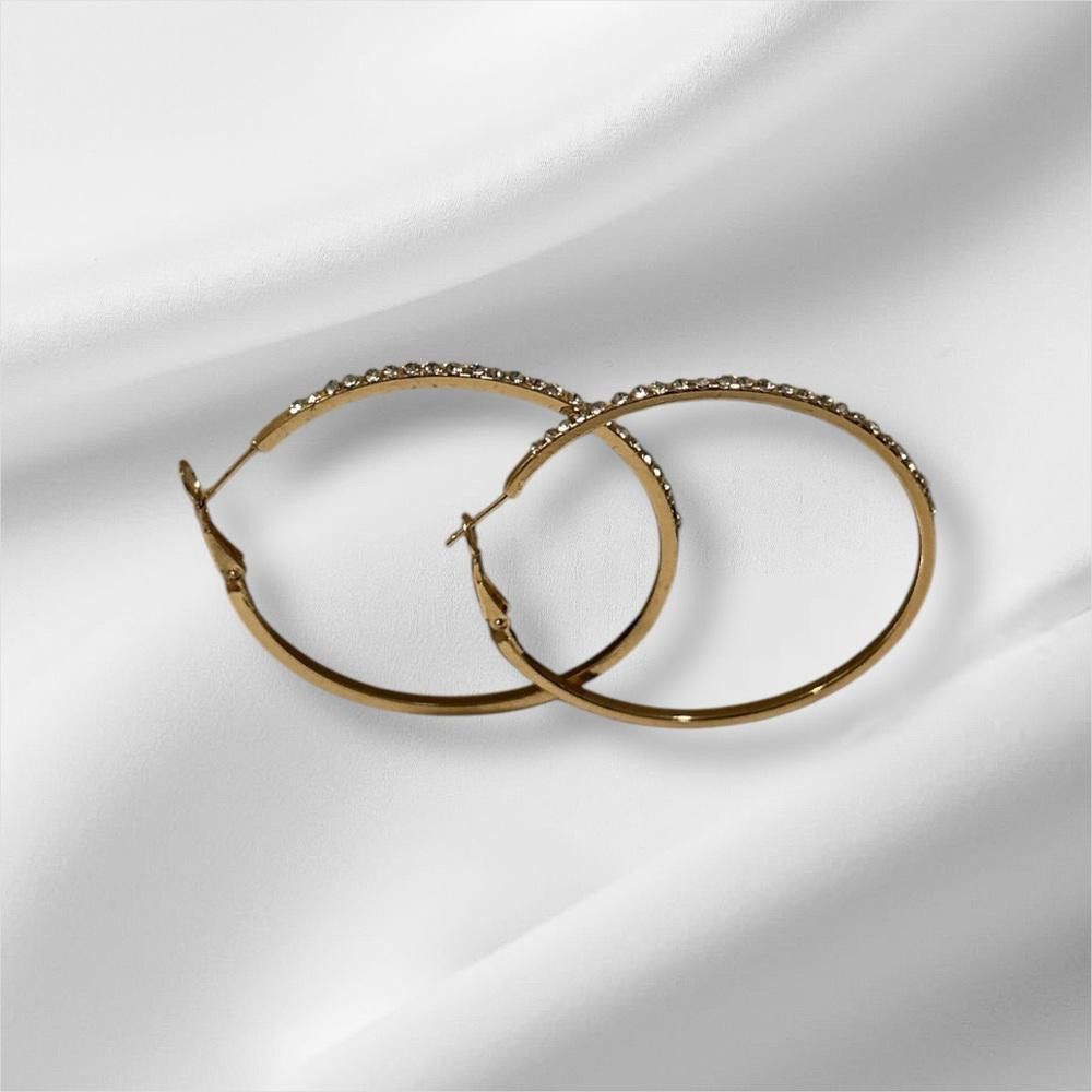 Designer Gold Tone half rhinestone-Crystal Hoop Earrings Size ONE SIZE - 2 Thumbnail