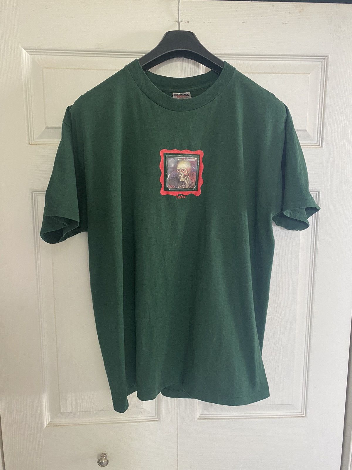 image of Unique Vintage 90's Lenticular Man Skeleton T Shirt in Green, Men's (Size XL)