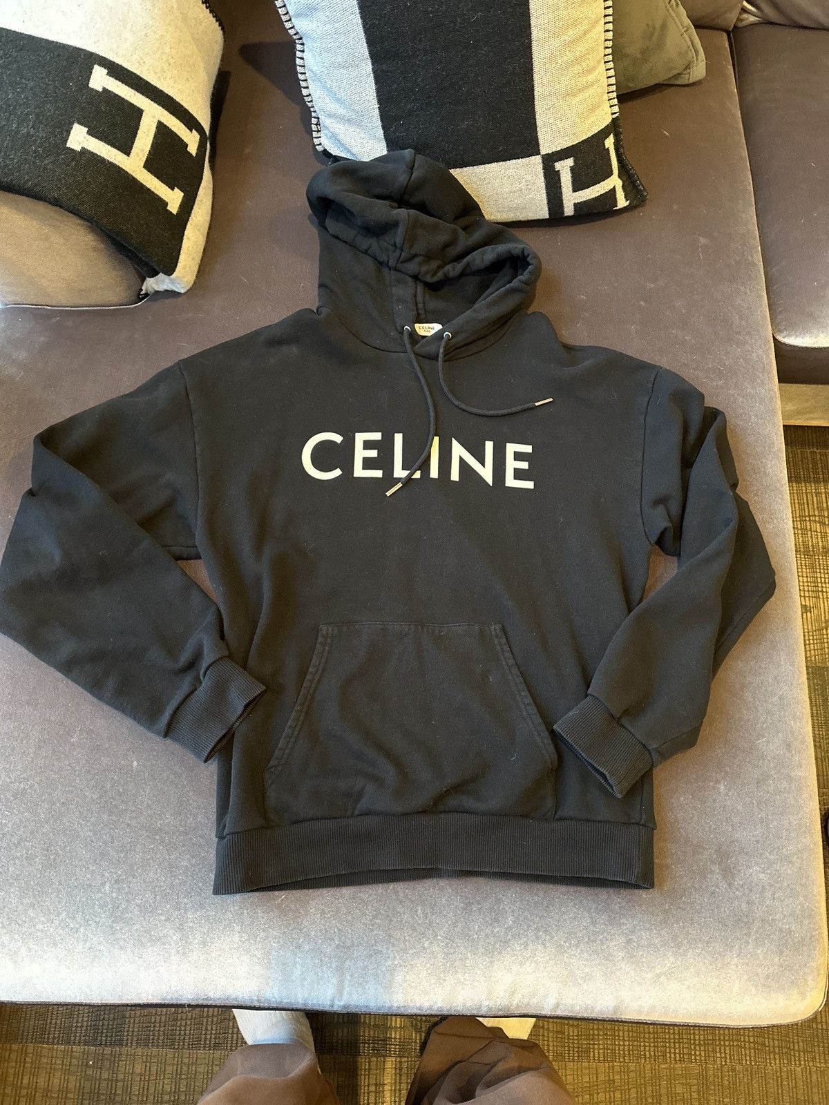 image of Celine Loose Hoodie In Cotton Fleece Black / White, Men's (Size Small)