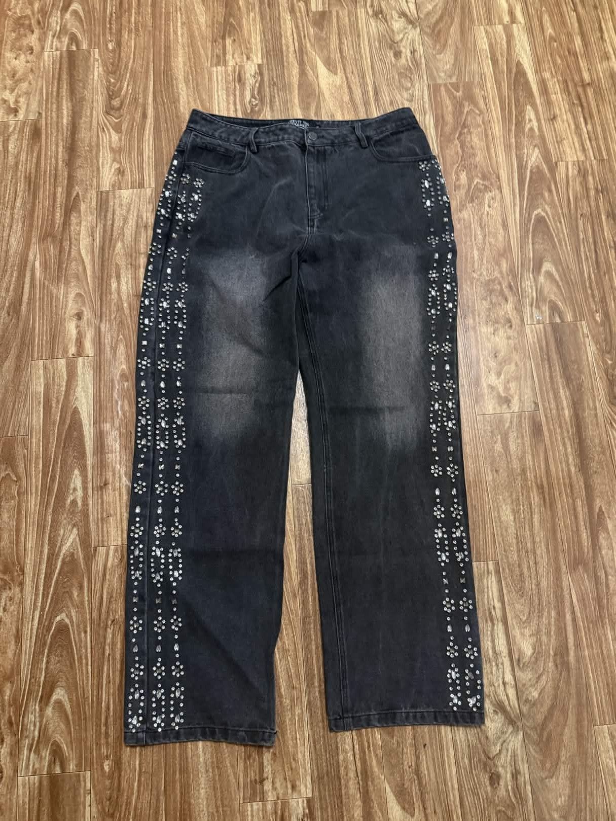 Other Vale Lives Forever Black Denim Rhinestone Jean Size US 34 / EU 50 - 1 Thumbnail