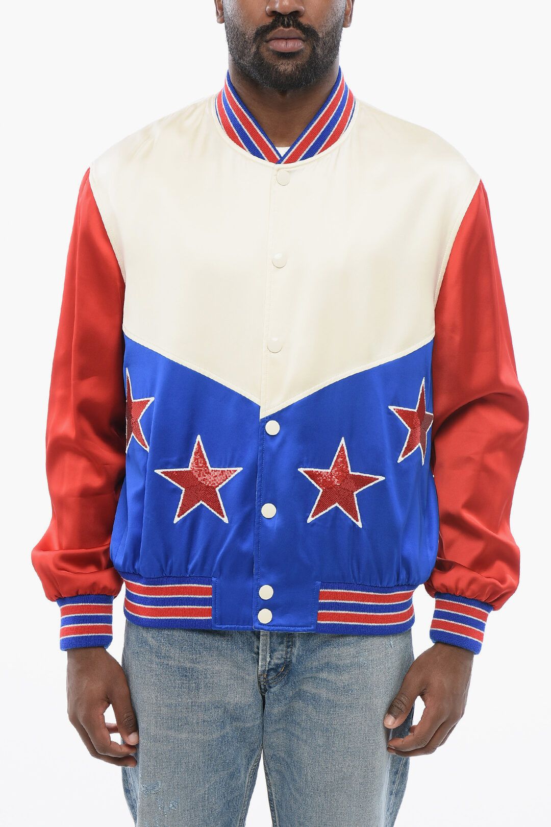 og1mm0825 Color Block Stars Satin Bomber Jacket Multicolor