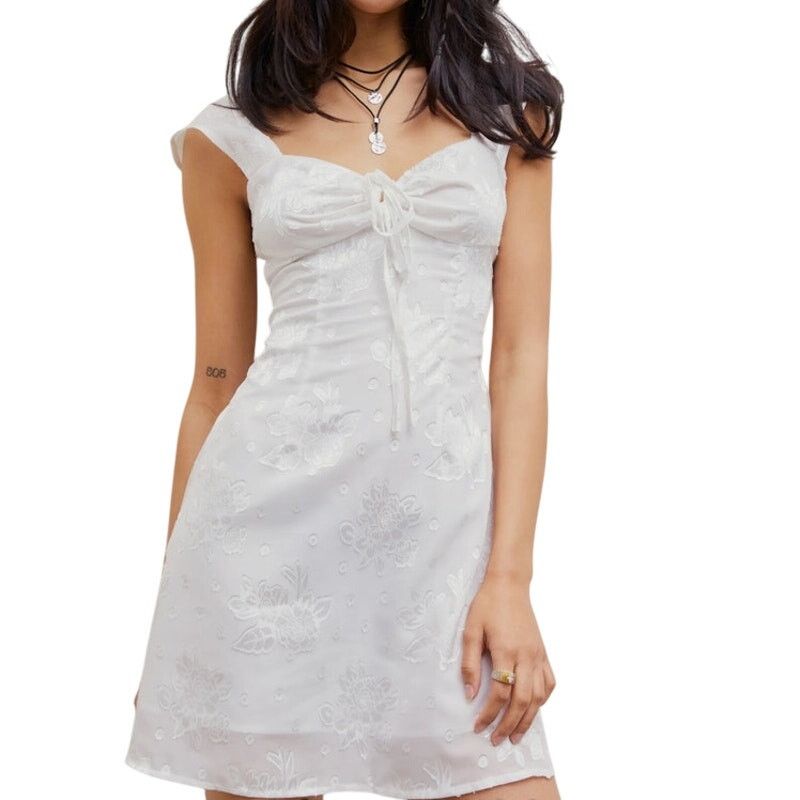 Cider White Floral Jacquard Short Sleeve Square Neck Mini Dress Size XXS / US 00 / IT 34 - 3 Thumbnail