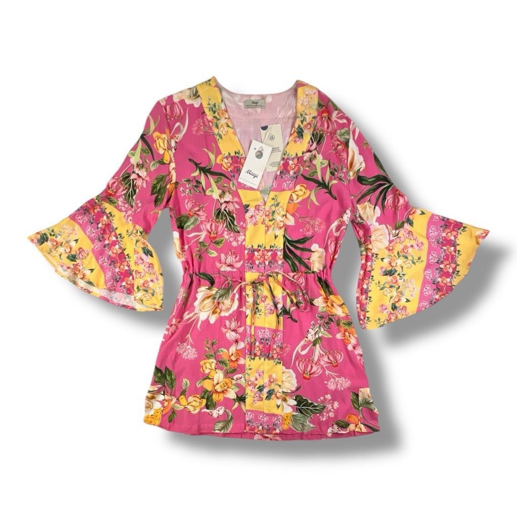 Other Maaji Botany Joy Kaftan Floral Pink Yellow Dress Bell Sleeve Size Large Size L / US 10 / IT 46 - 2 Thumbnail