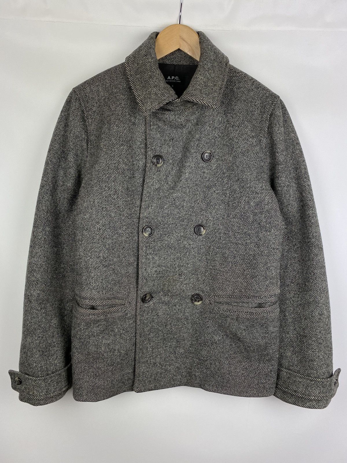 image of A P C Men’S Wool Double Breasted Pea Coat Size S in Grey, Men's