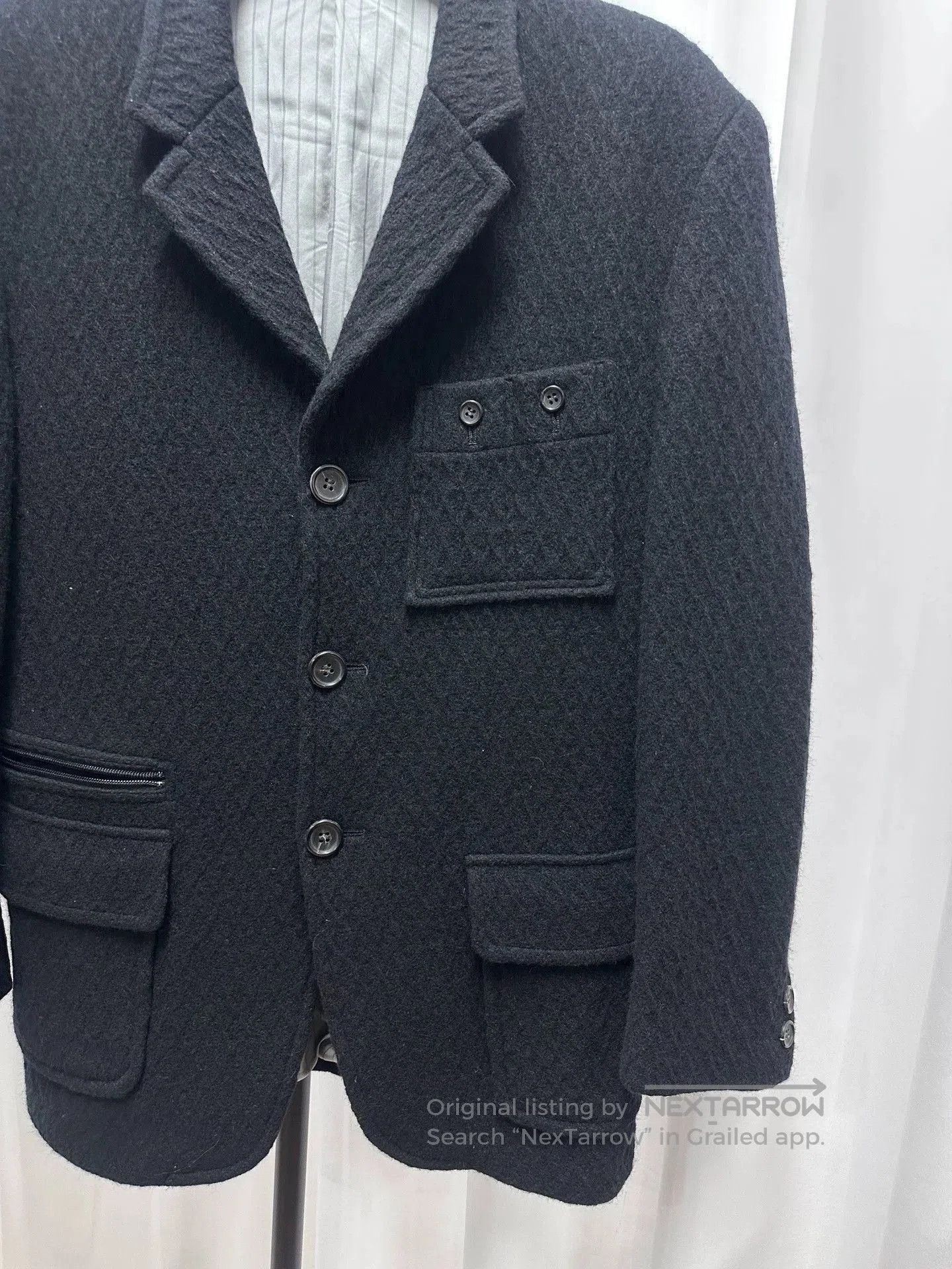 Yohji Yamamoto Black Textured Wool Blend Button. Size US L / EU 52-54 / 3 - 3 Thumbnail