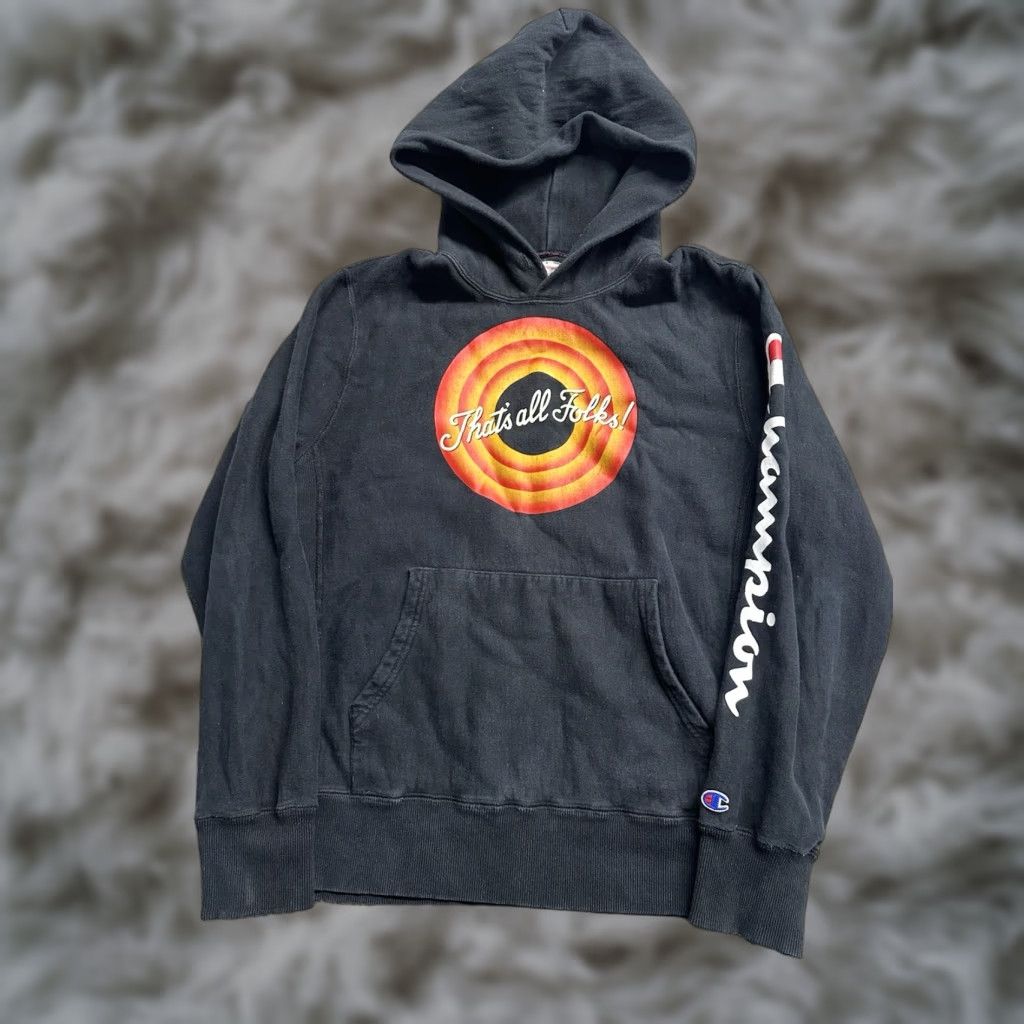 Champion Looney Tunes “That’s All Folks” Sweatshirt Men Lrg Blue Graphic Print Hooded Crew Neck Regular Fit