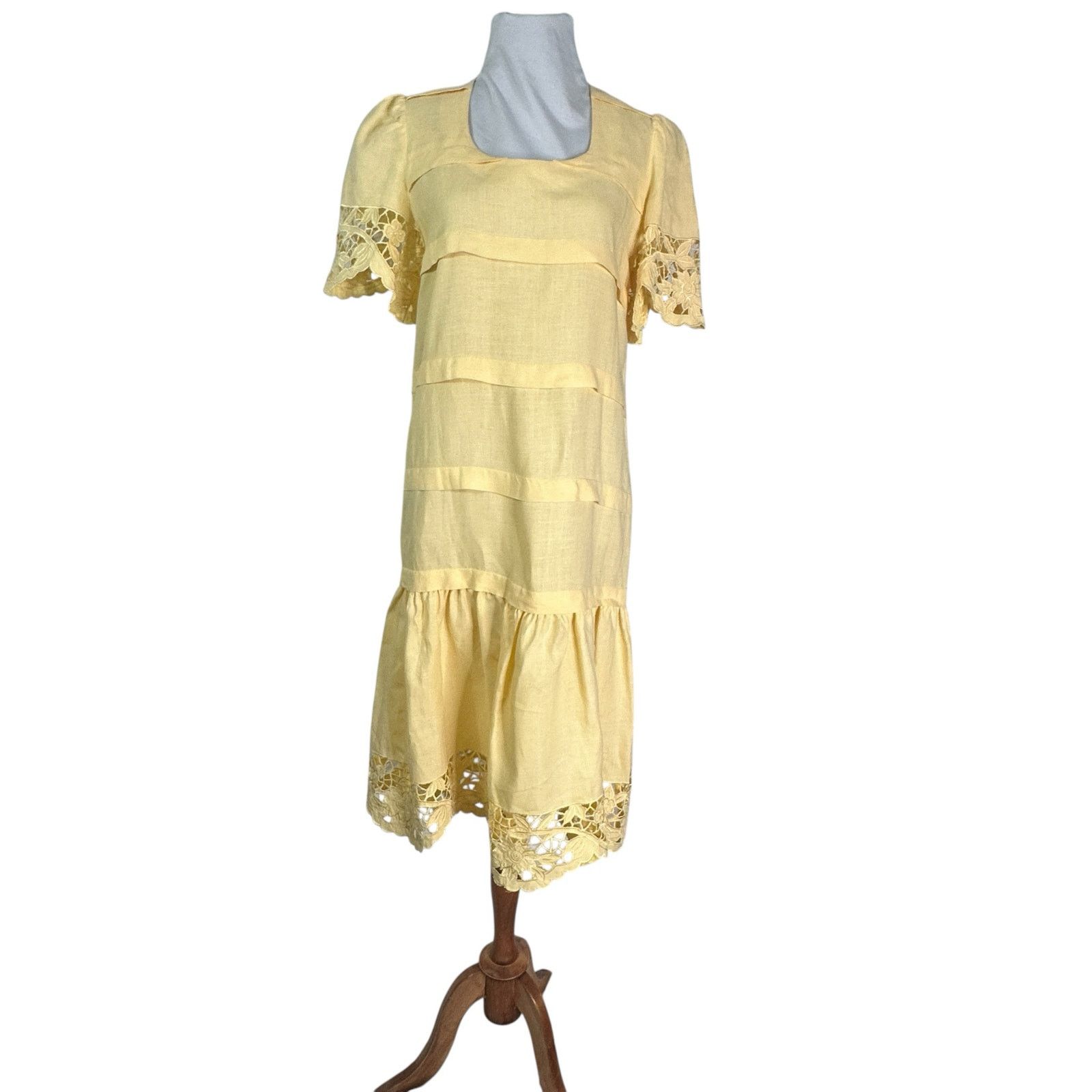 Vintage Vintage 80s Yellow Linen Floral Lace Cottagecore Dress M Size M / US 6-8 / IT 42-44 - 3 Thumbnail