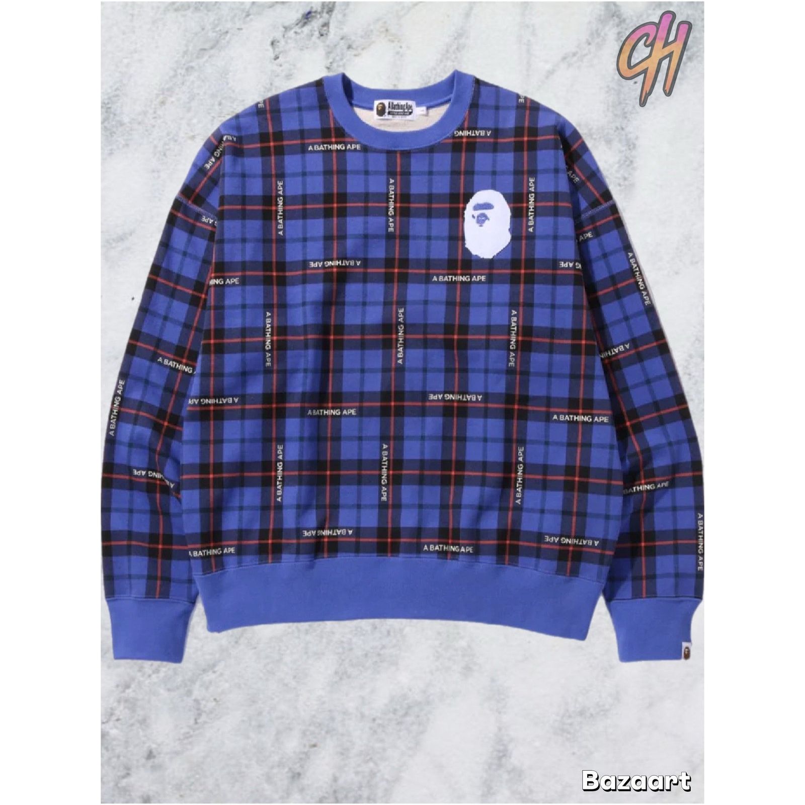 Bape Bape Check Logo Loose Fit Blue Crewneck Sweater Size Small Size US S / EU 44-46 / 1 - 2 Thumbnail
