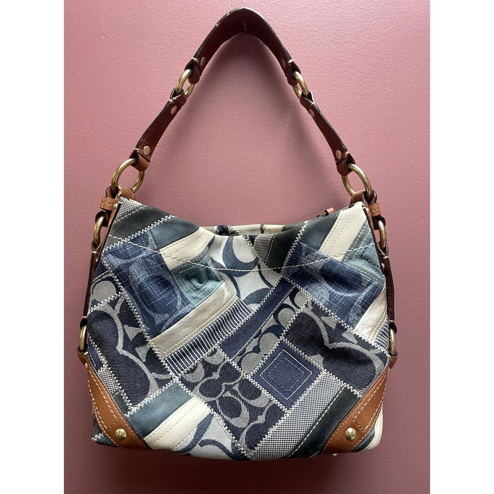 Coach COACH Carly Denim Patchwork Hobo Bag Shoulder Bag Tan Leather Denim 12215 Y2K Women’s Leather Lining Cars Theme Size ONE SIZE - 2 Thumbnail