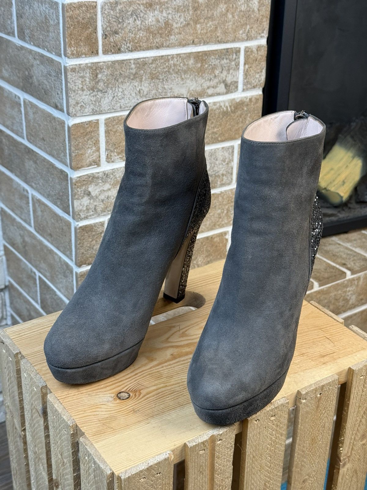 Miu Miu Miu Miu Gray Suede Glitter Heels Boots Size US 8.5 / IT 38.5 - 4 Thumbnail