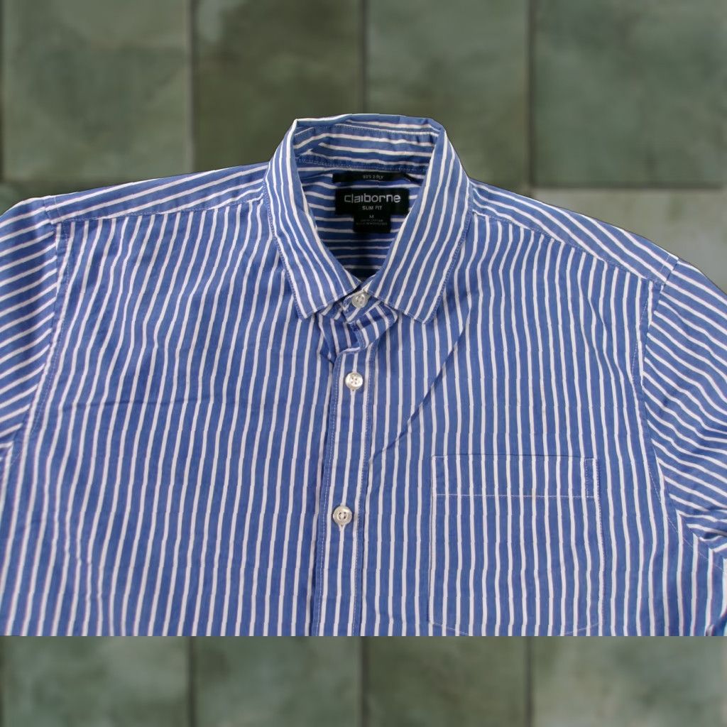 Liz Claiborne Claiborne Shirt Men Medium Blue Striped Slim Fit Preppy Classic 80s Office Workwear Button-Up Size US M / EU 48-50 / 2 - 1 Thumbnail