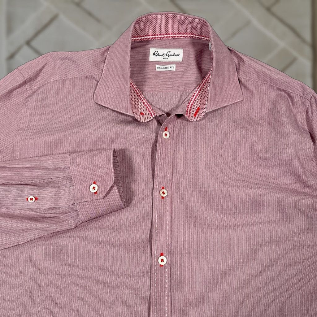 Robert Graham Robert Graham Dress Shirt Mens XL 44 17.5 Red Micro Pinstripe Tailored Fit Casual Business Size US XL / EU 56 / 4 - 1 Thumbnail