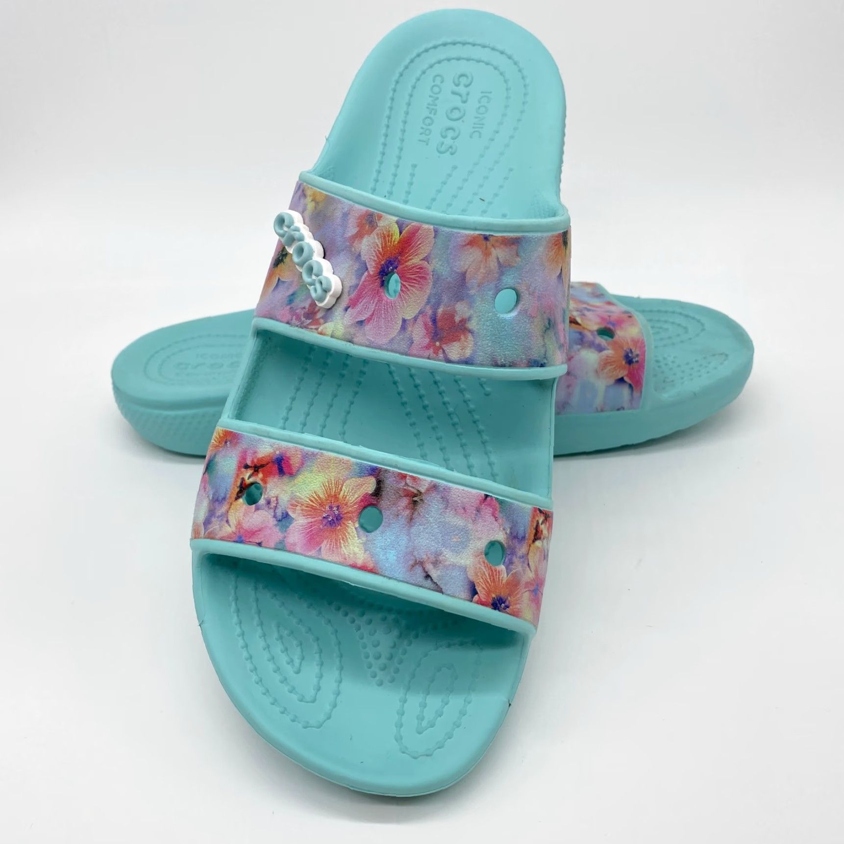Crocs Crocs Dream Slip Ons Womens Sandal Slip On Two Strap Blue Floral Pattern Open Toe Casual Slide Size US 12 / IT 42 - 2 Thumbnail