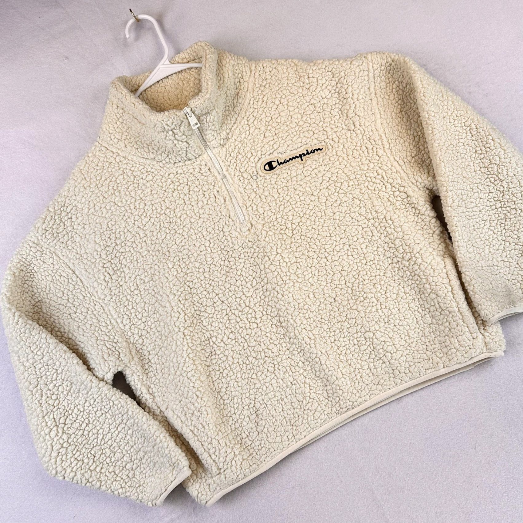 Champion Champion Pullover Womens Medium Cream Sherpa Fleece Quarter Zip Script Logo Sweatshirt Size M / US 6-8 / IT 42-44 - 2 Thumbnail