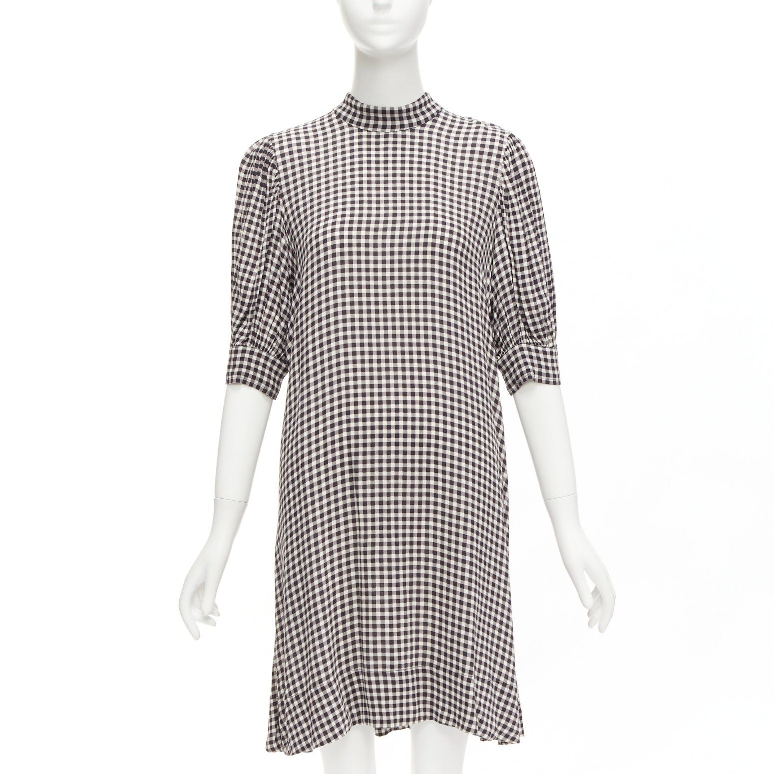 Ganni GANNI black white checkerboard print high neck half sleeve knee dress FR36 S Size S / US 4 / IT 40 - 1 Thumbnail