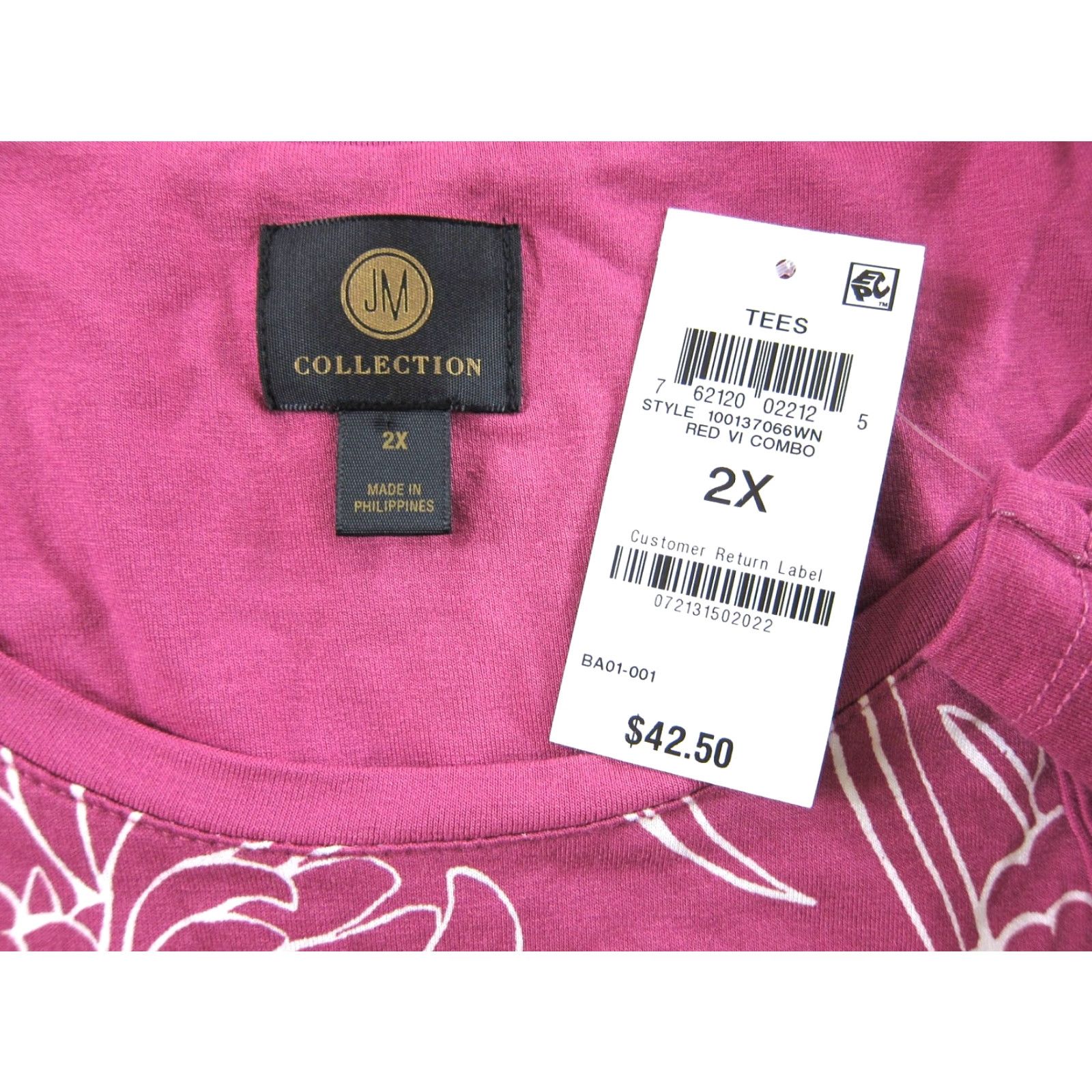 JM Collection JM Collection Blouse 2X Women Pink White Floral 3/4 Sleeve Knit Stretch TShirt Top Shirt (Plus Size) Size XXL / US 16-18 / IT 52-54 - 3 Thumbnail