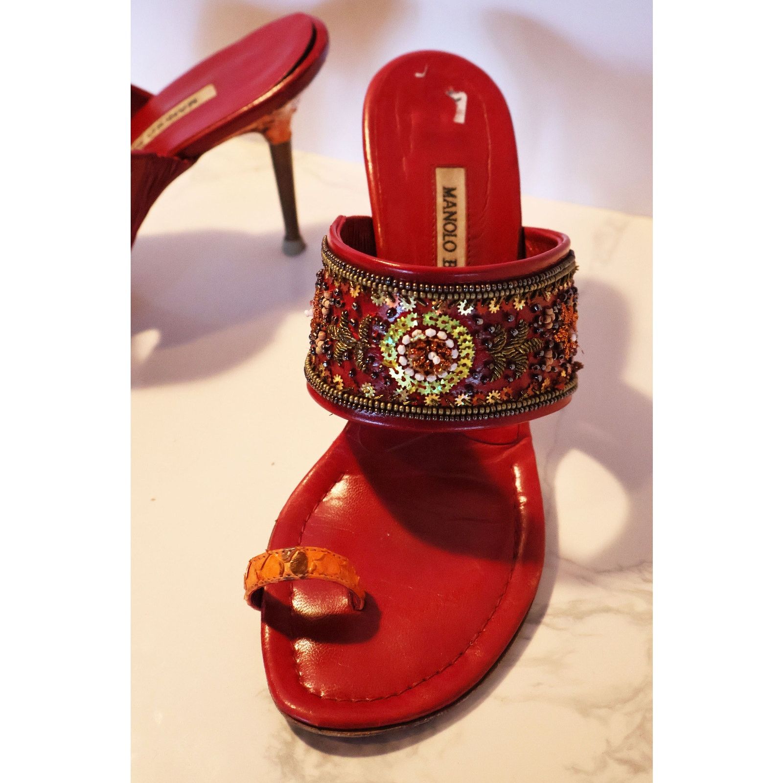 Manolo Blahnik Vintage Manolo Blahnik Red + Orange Snakeskin Rapis Sandal Size US 7.5 / IT 37.5 - 6 Thumbnail