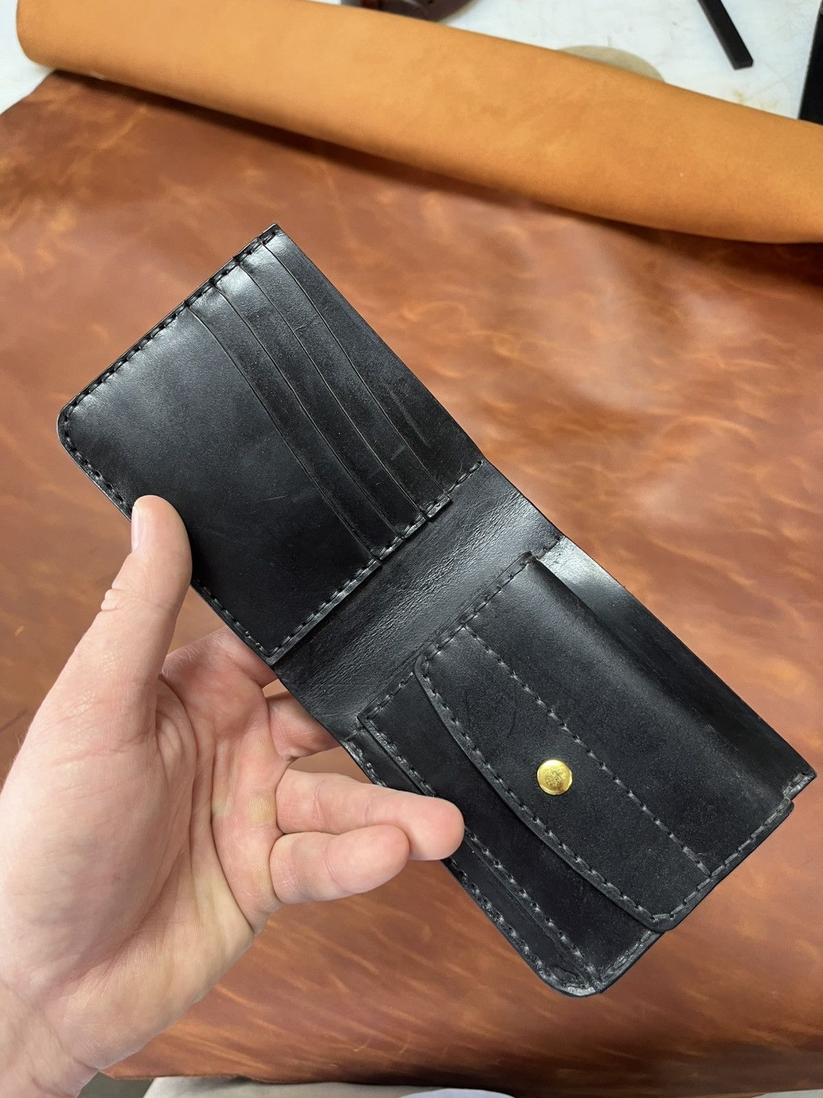 Other Handmade Black Leather Wallet Bifold Card Holder Coin Pocket Size ONE SIZE - 4 Thumbnail