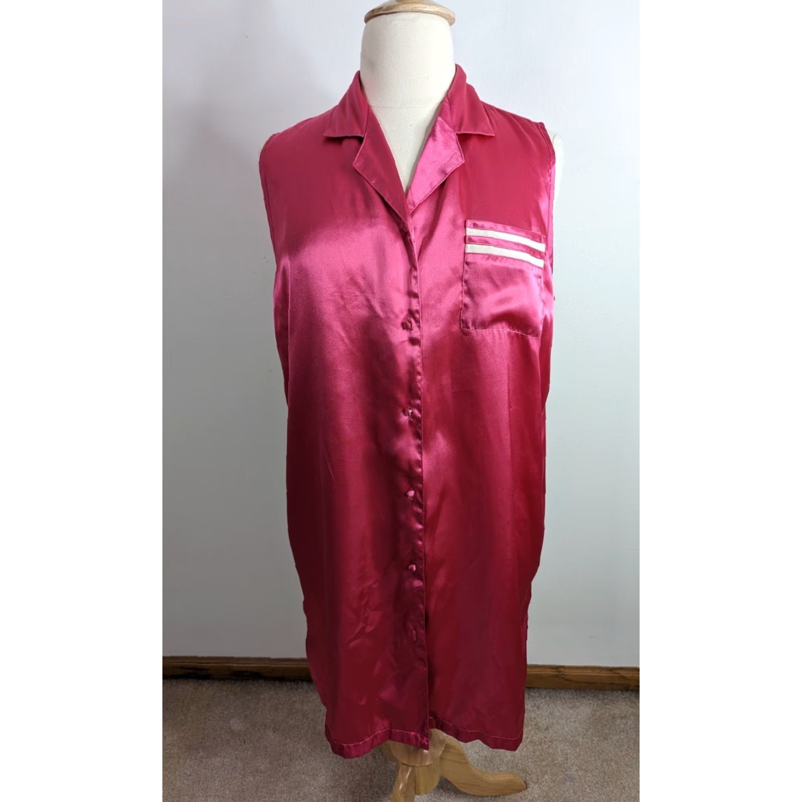 Pinko VINTAGE 90s Night Gown Shirt Sleeveless Collared Hot Pink Satin Nightgown D2W Gown Women XL Pink Satin Nightgown Womens Size XL / US 12-14 / IT 48-50 - 3 Thumbnail