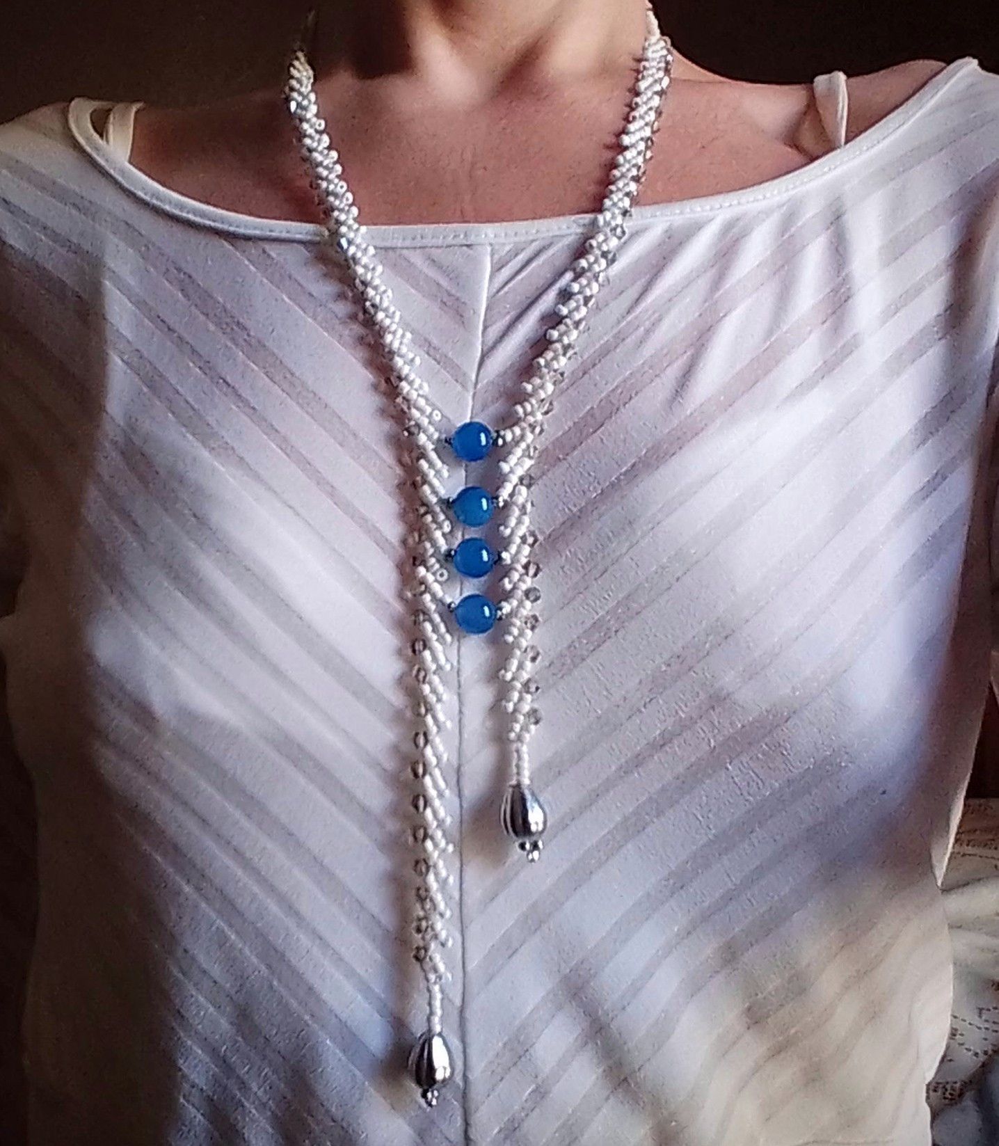 Handmade Long White Necklace. Braided. Glamour Agate Gemstones Size ONE SIZE - 1 Thumbnail