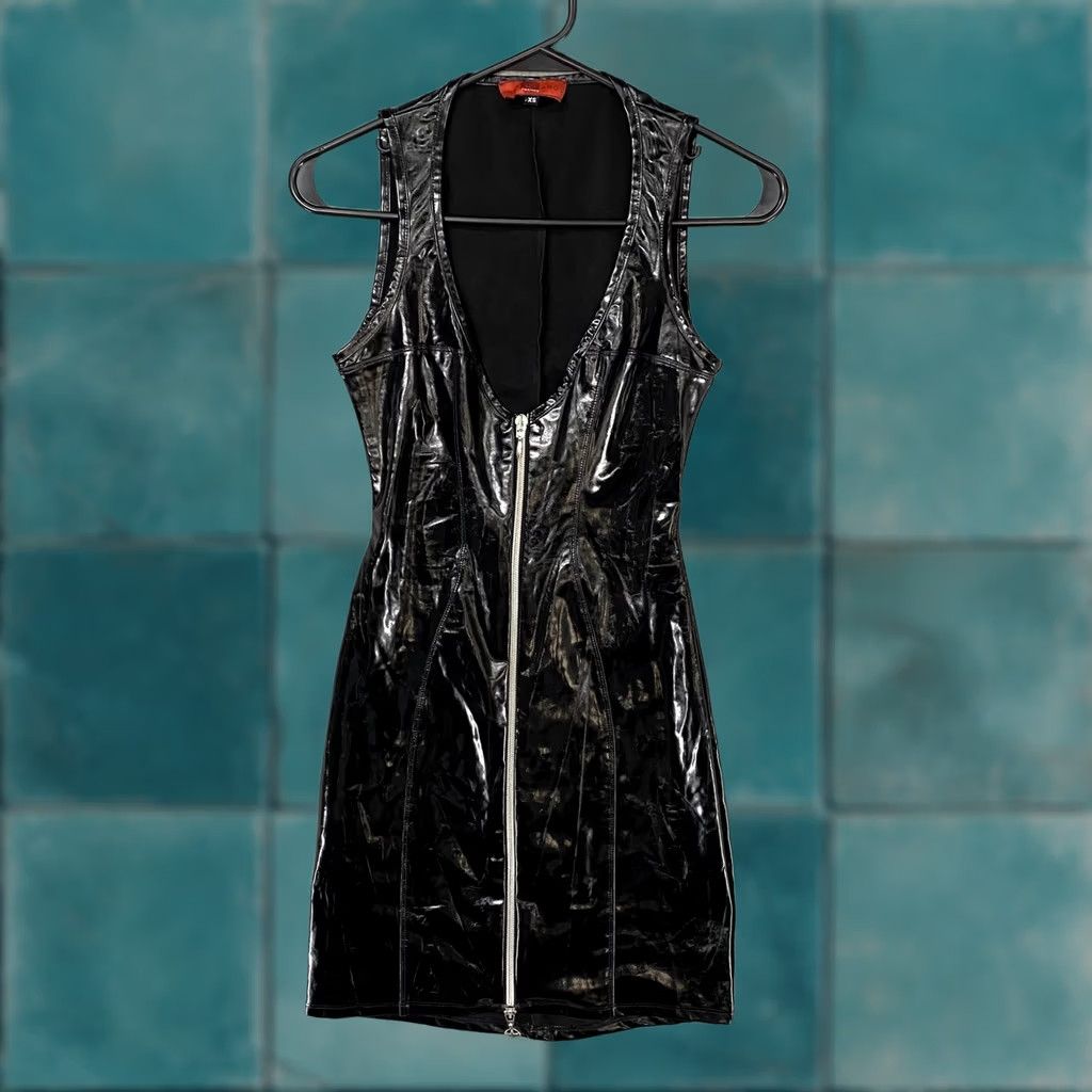 Vintage Patrice Catanzaro Dress Womens XS Black Bodycon Zip Front Sexy Rave Wet Look Size XS / US 0-2 / IT 36-38 - 1 Thumbnail